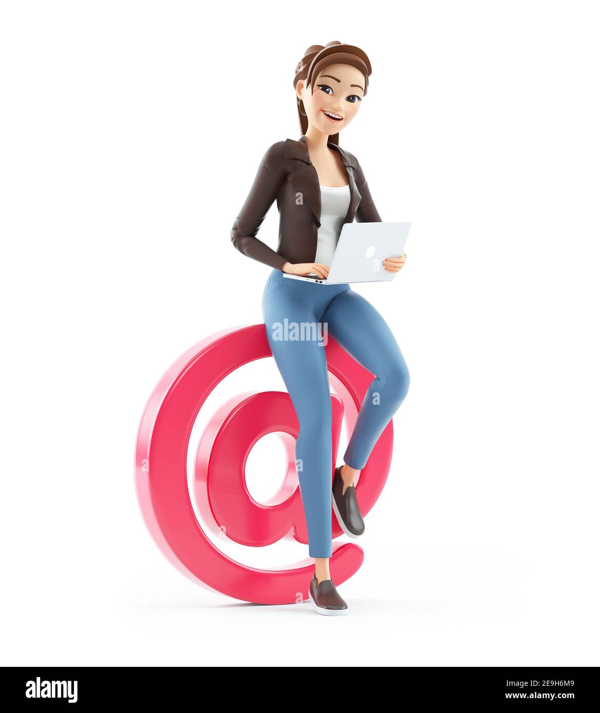 3d cartoon woman working on at sign, illustration isolated on white background Stock Photo
