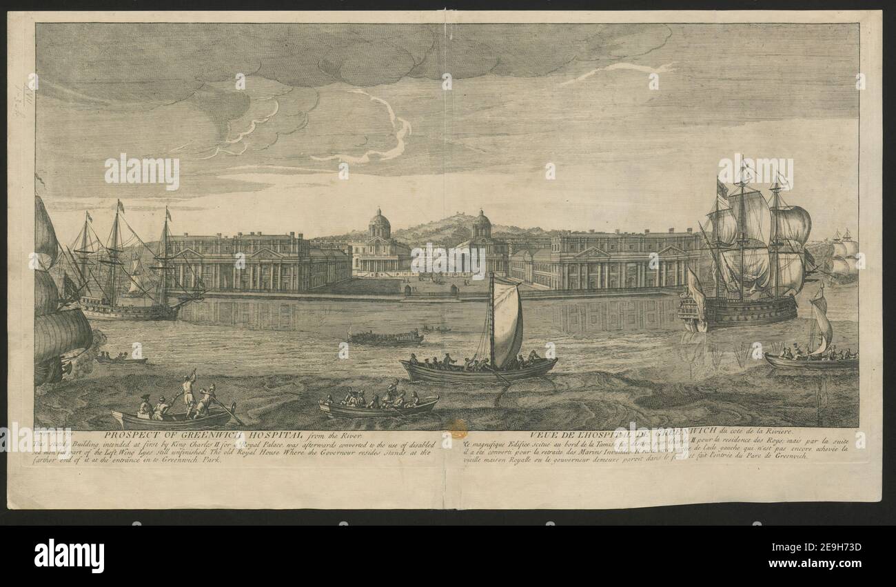 PROSPECT OF GREENWICH HOSPITAL from the River = VEUE DE L'HOSPITAL DE GREENWICH du coteÃÅ de la Riviere  Author  Rocque, John 17.1-3.k. Place of publication: [London ?] Publisher: [unknown publisher] Date of publication: [1739 c.]  Item type: 1 print on 2 sheets Medium: etching and engraving Dimensions: platemark 38.5 x 71.7 cm  Former owner: George III, King of Great Britain, 1738-1820 Stock Photo