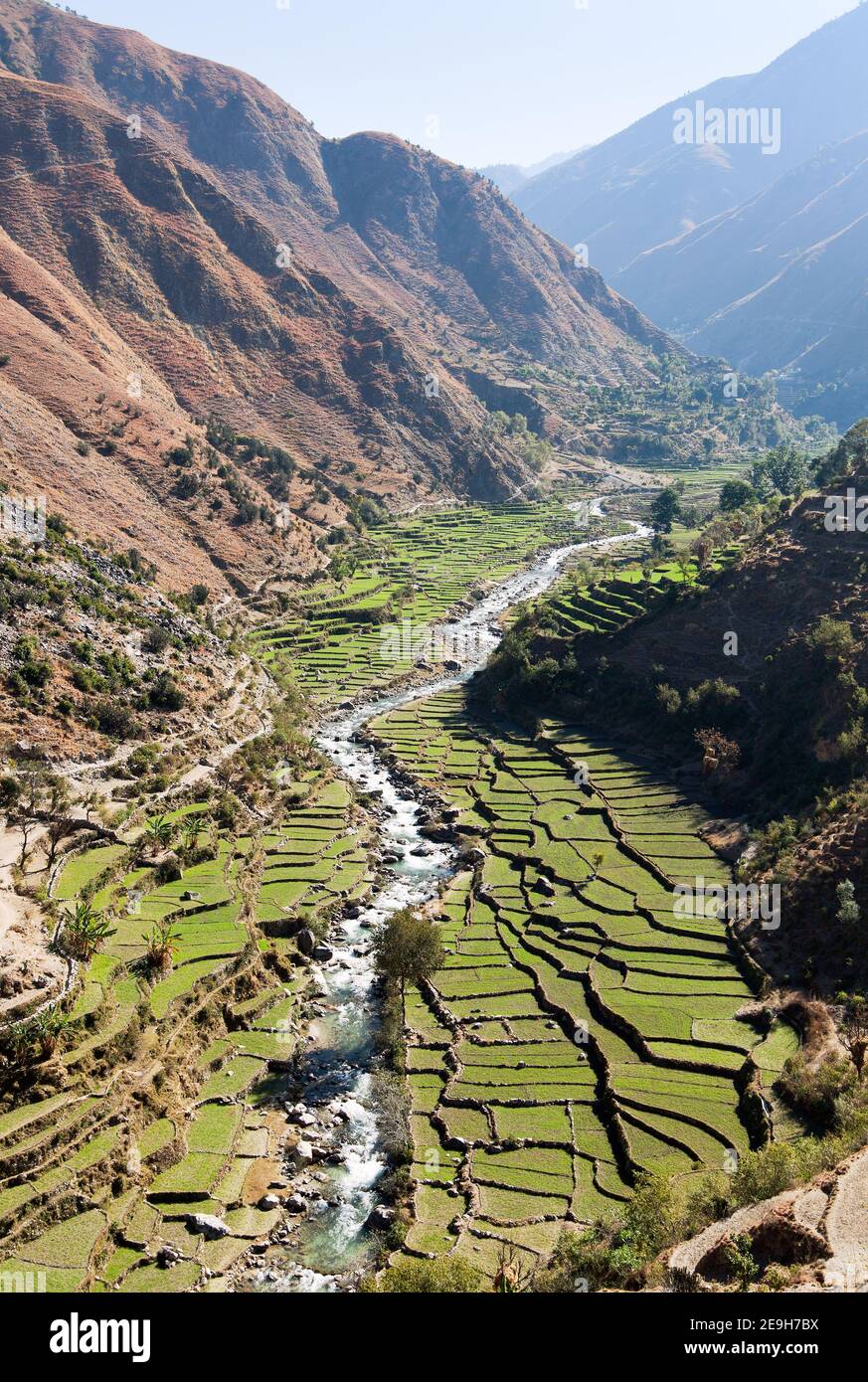 valley with rice field and river in western Nepal Stock Photo