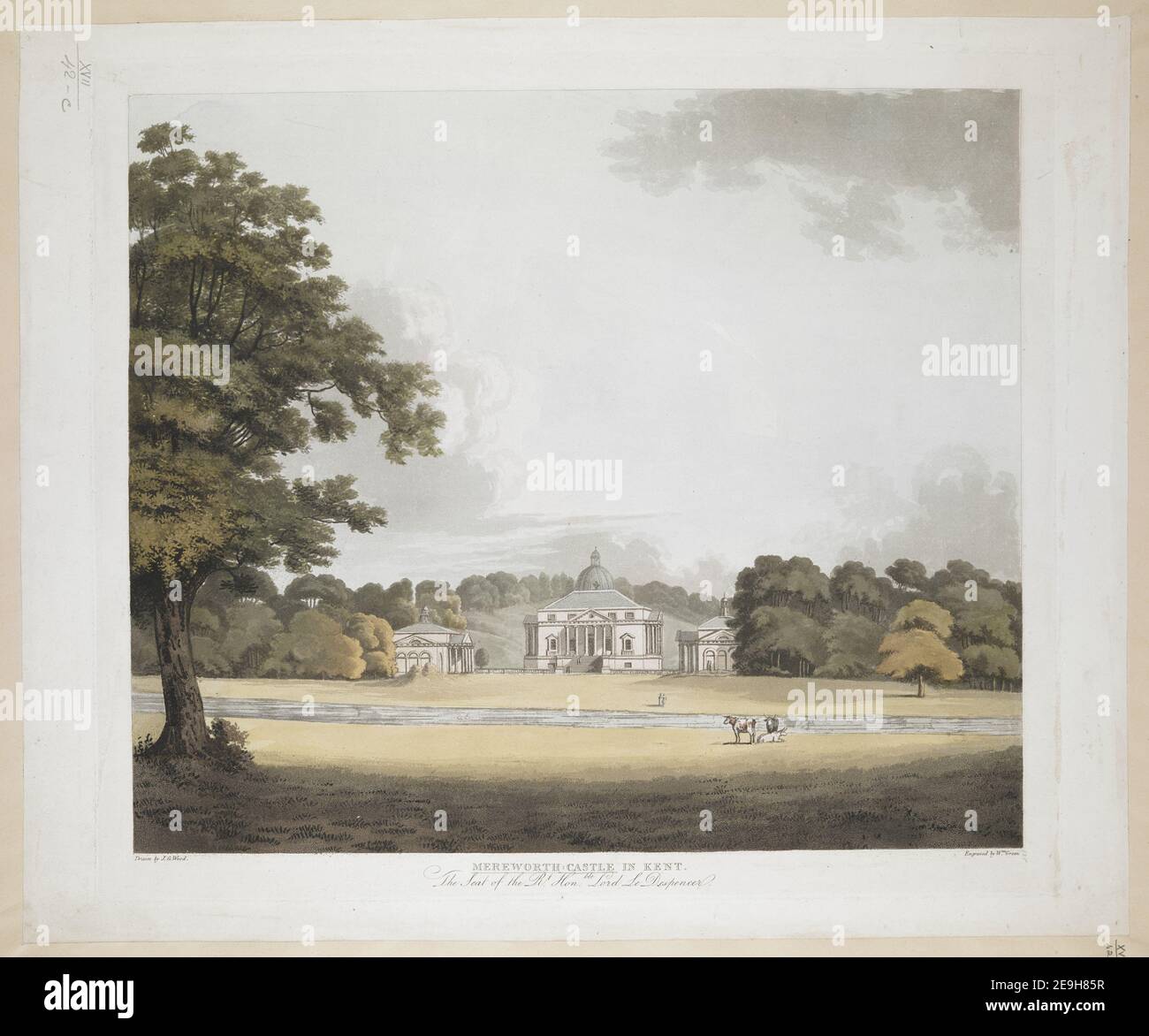 MEREWORTH CASTLE IN KENT  Author  Green, William 17.42.c. Place of publication: [England] Publisher: [George Wood] Date of publication: [1800]  Item type: 1 print Medium: aquatint and etching with hand-colouring Dimensions: platemark 38.3 x 43.8 cm, on sheet 41.7 x 50.4 cm  Former owner: George III, King of Great Britain, 1738-1820 Stock Photo