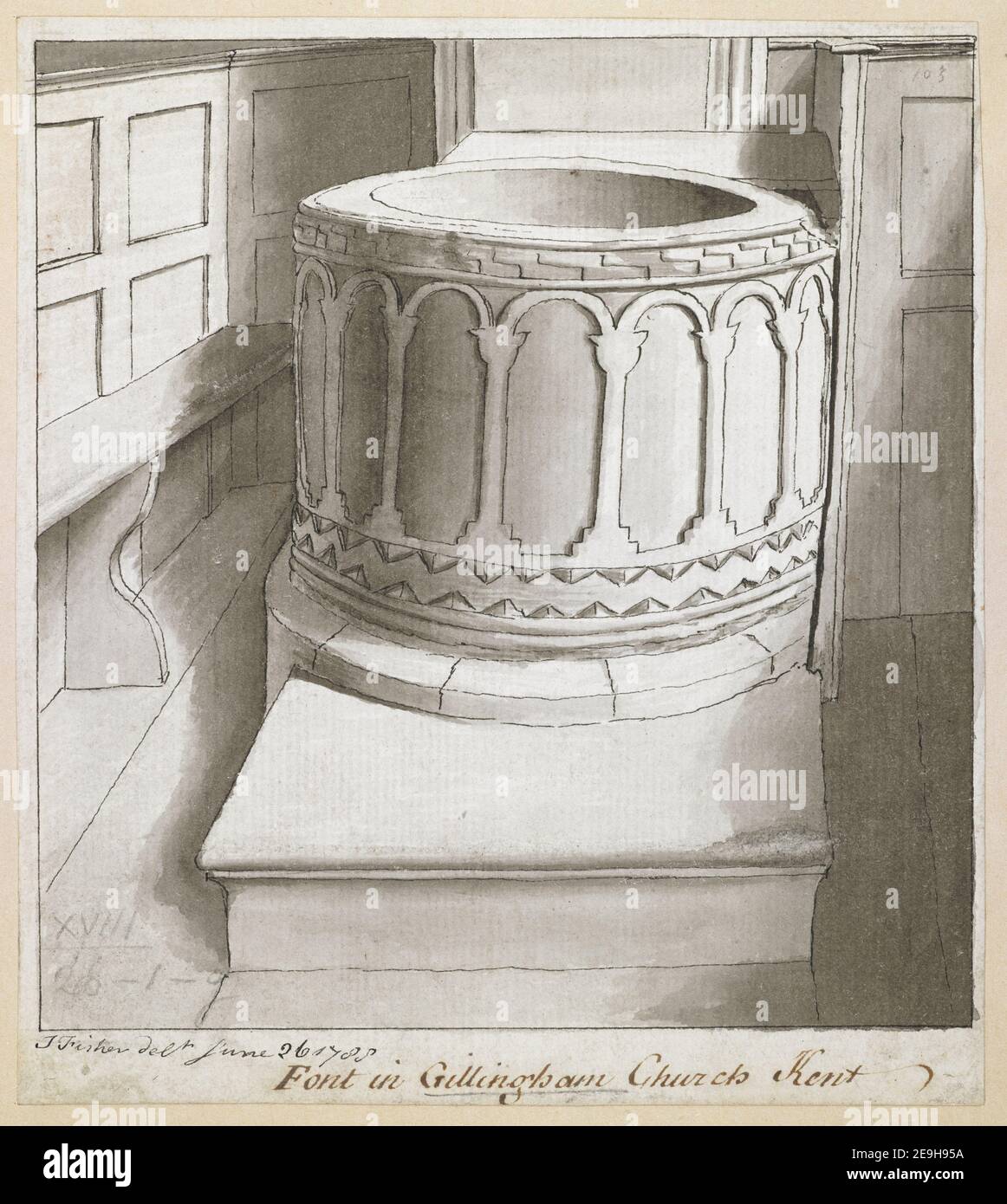 Font in Gillingham Church Kent.  Author  Fisher, Thomas 18.26.1.g. Date of publication: June 26 1788.  Item type: 1 drawing Medium: pen and black ink with monochrome wash Dimensions: sheet 16.5 x 14.7 cm  Former owner: George III, King of Great Britain, 1738-1820 Stock Photo