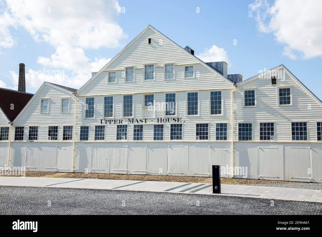 Front facade of The Upper Mast House / Masthouse; timber building with ship lap cladding. Chatham historic dockyard England UK.  (121) Stock Photo