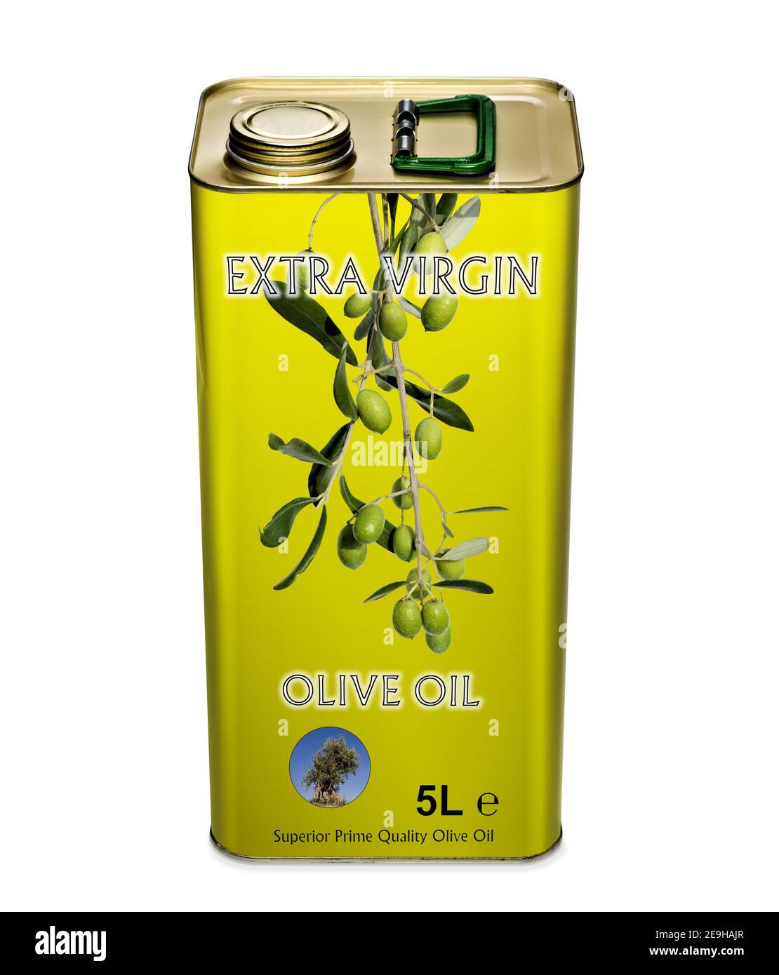 Fictive virgin olives olive oil brand in 5l food tin can container canister packaging Stock Photo