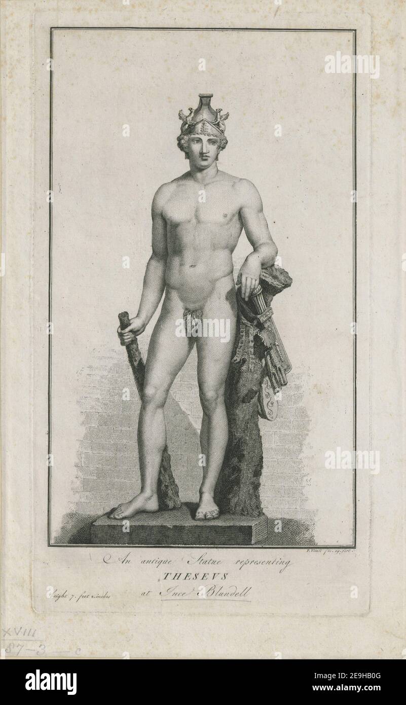 An antique Statue representing THESEVS at Ince Blundell  Author  Vitali, Pietro Maria 18.87.3.c. Place of publication: [Ince Blundell] Publisher: [Henry Blundell] Date of publication: [1809]  Item type: 1 print Medium: etching and engraving Dimensions: platemark 38.0 x 21.4 cm, on sheet 41.6 x 25.7 cm  Former owner: George III, King of Great Britain, 1738-1820 Stock Photo