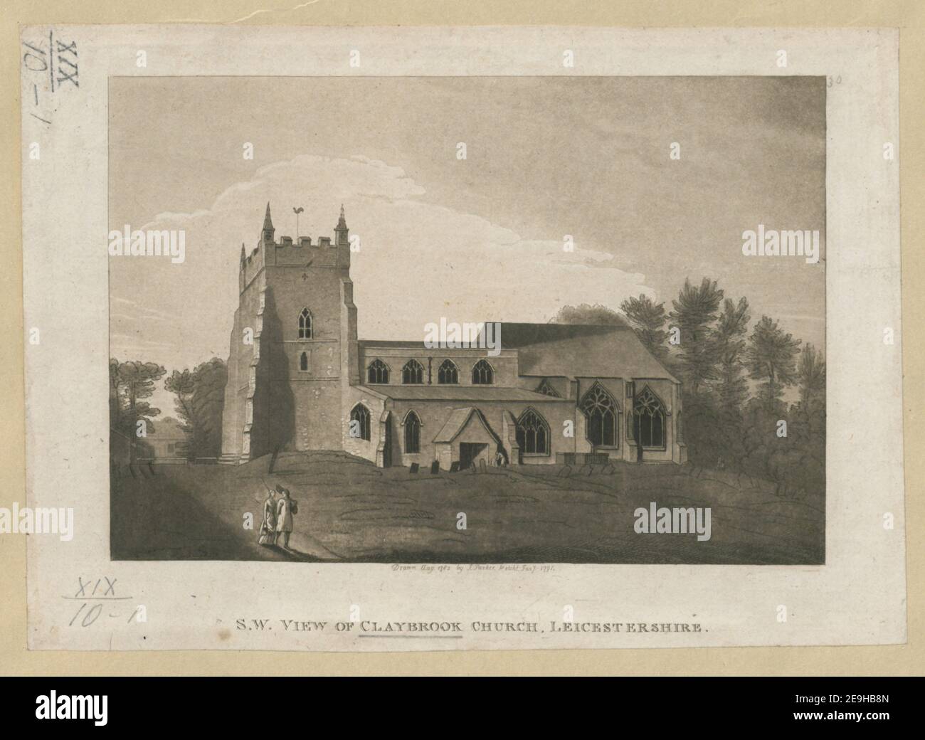 S.W. View of Claybrook Church, Leicestershire.  Author  Parker, James 19.10.1. Place of publication: [London] Publisher: [J. Nichols]., Date of publication: [1791 c.]  Item type: 1 print Medium: etching and aquatint Dimensions: sheet 13.4 x 18.9 cm [trimmed within platemark]  Former owner: George III, King of Great Britain, 1738-1820 Stock Photo