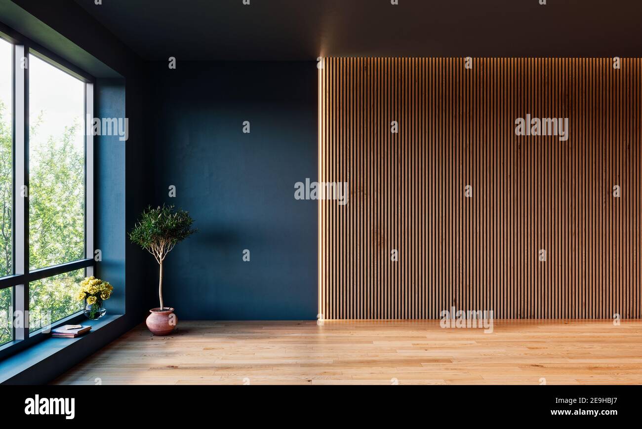 Modern interior design mock up with dark walls and vertical slats panel, 3D Render, 3D Illustration Stock Photo