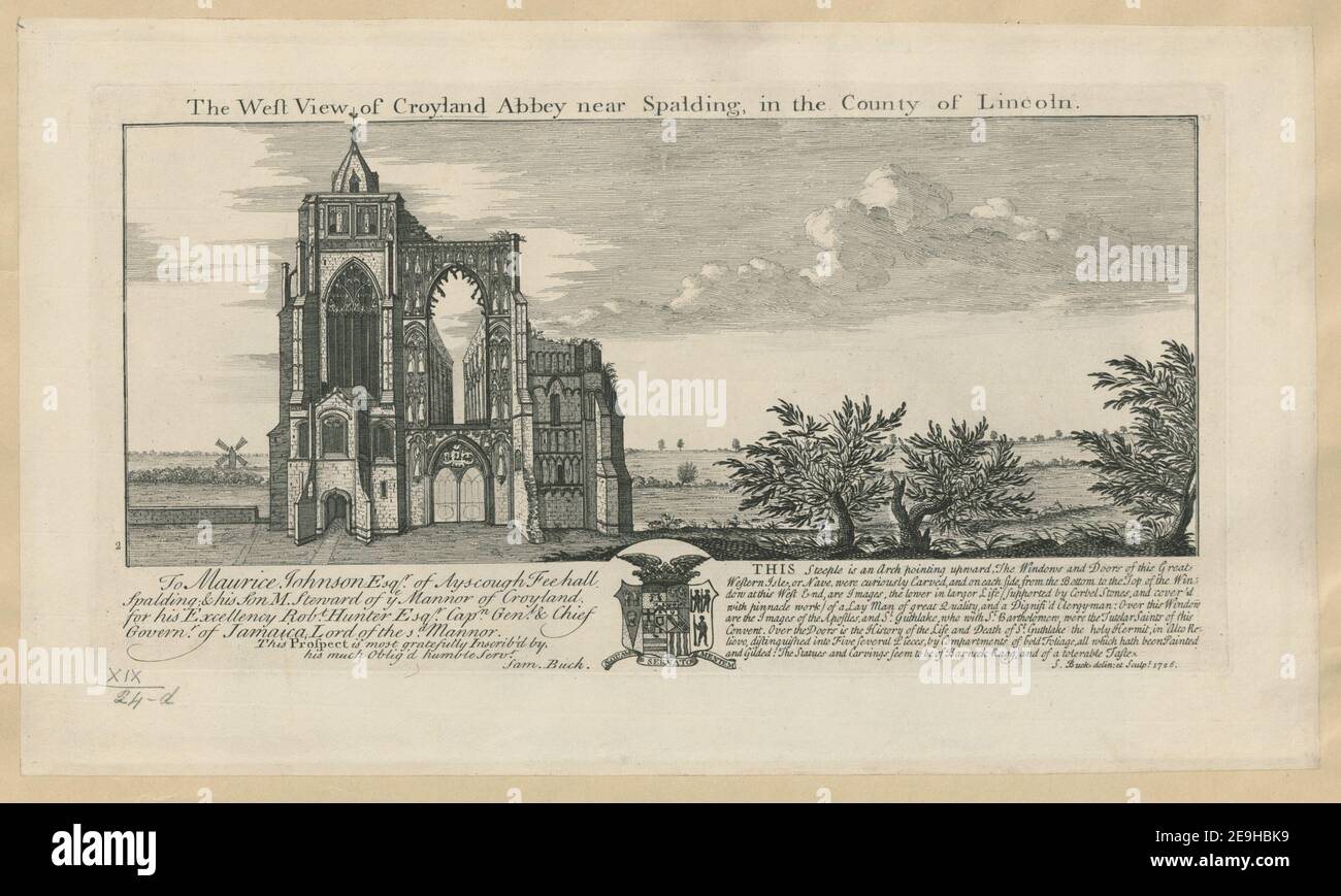 The West View of Croyland Abbey near Spalding, in the County of of Lincoln.  Author  Buck, Samuel 19.24.d. Place of publication: [London] Publisher: [S. Buck] Date of publication: [1726]  Item type: 1 print Medium: etching and engraving Dimensions: platemark 19.3 x 36.8 cm.  Former owner: George III, King of Great Britain, 1738-1820 Stock Photo