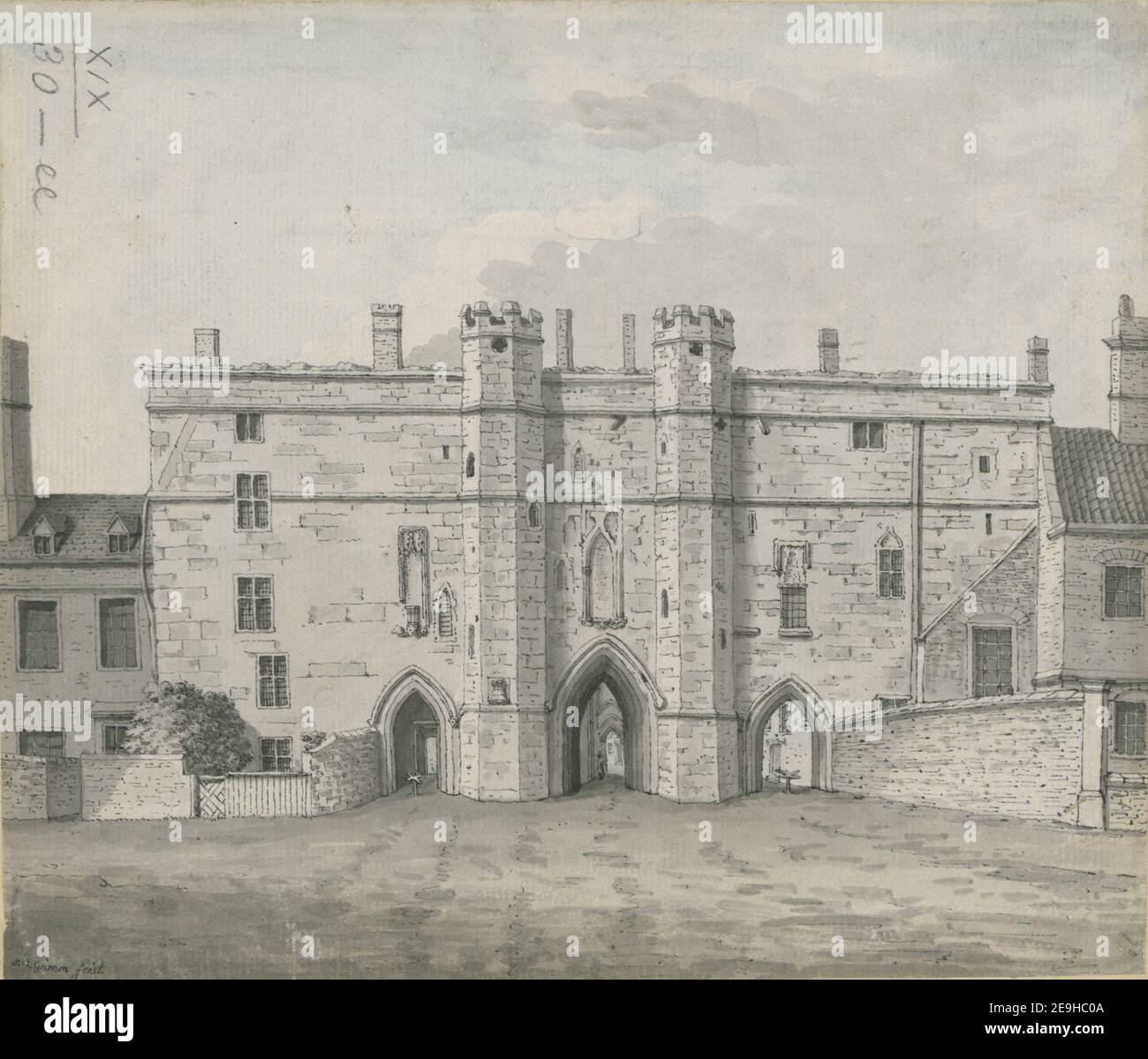 Gateway in Lincoln close, called the Chequer, said to be built by John of Gaunt.  Author  Grimm, Samuel Hieronymus 19.30.ee. Date of publication: [about 1784]  Item type: 1 drawing Medium: pen and black ink with monochrome and blue wash Dimensions: sheet 18.4 x 21.7 cm  Former owner: George III, King of Great Britain, 1738-1820 Stock Photo