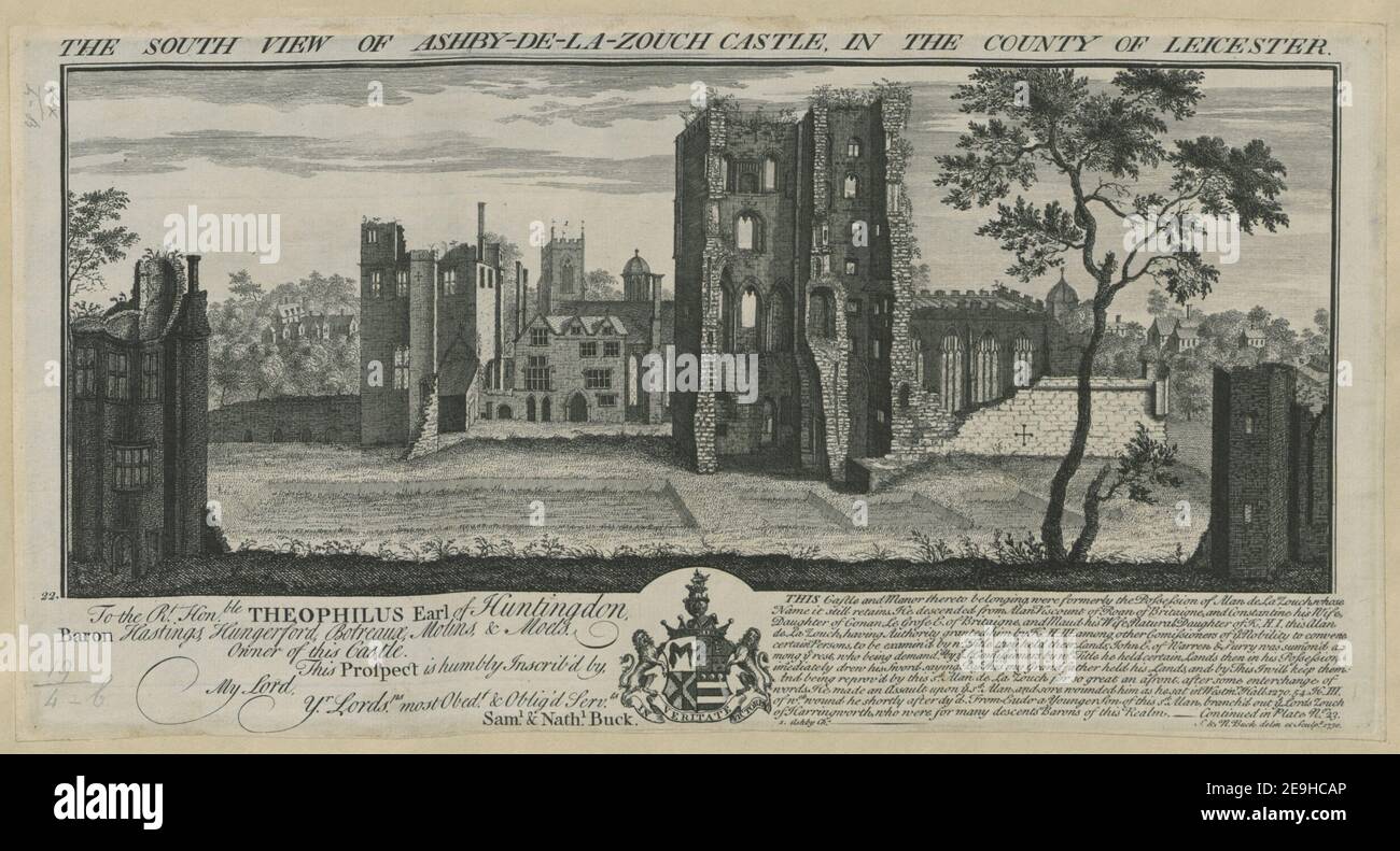 THE SOUTH VIEW OF ASHBY DE LA ZOUCH CASTLE, IN THE COUNTY OF LEICESTER.  Author  Buck, Samuel 19.4.b. Place of publication: [London] Publisher: [Samuel and Nathaniel Buck] Date of publication: [1731]  Item type: 1 print Medium: etching Dimensions: sheet 19.4 x 37.6 cm (trimmed below platemark).  Former owner: George III, King of Great Britain, 1738-1820 Stock Photo