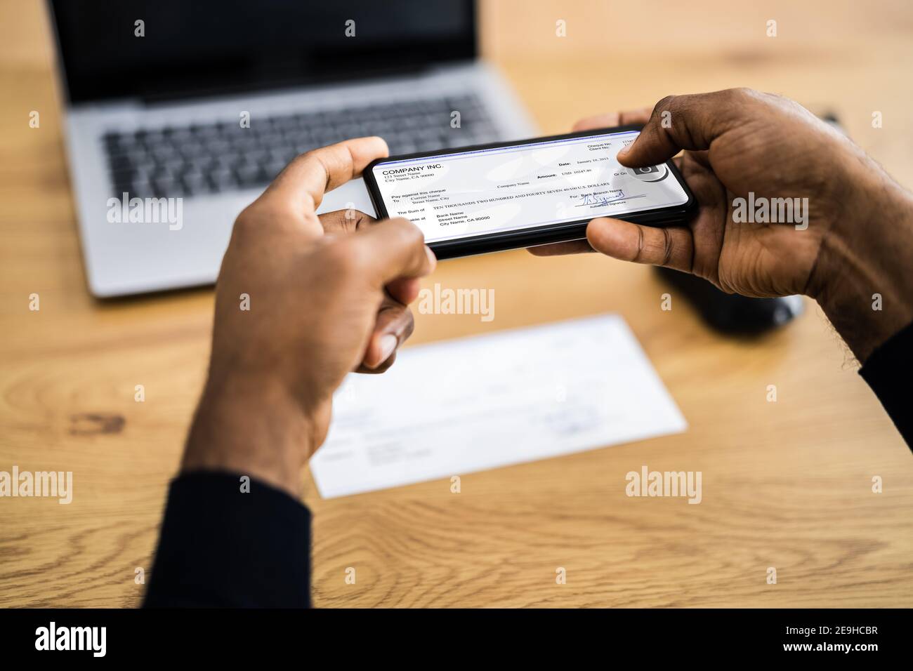 Remote Check Deposit Using Mobile Remote. Taking Photo Stock Photo