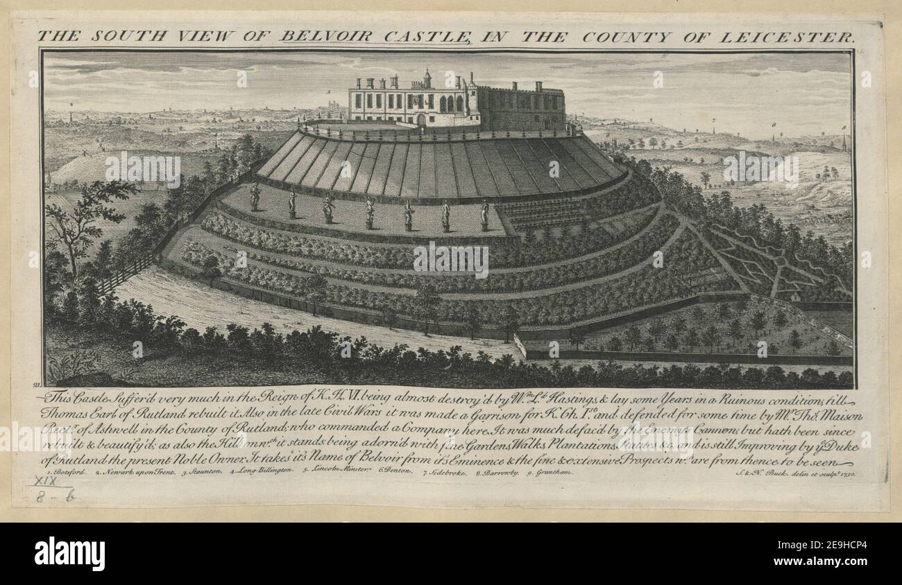 THE SOUTH VIEW OF BELVOIR CASTLE, IN THE COUNTY OF LEICESTER.  Author  Buck, Samuel 19.8.b. Place of publication: [London] Publisher: [Samuel and Nathaniel Buck] Date of publication: [1731]  Item type: 1 print Medium: etching and engraving Dimensions: platemark 19.6 x 37.4 cm, on sheet 21.2 x 37.7 cm.  Former owner: George III, King of Great Britain, 1738-1820 Stock Photo