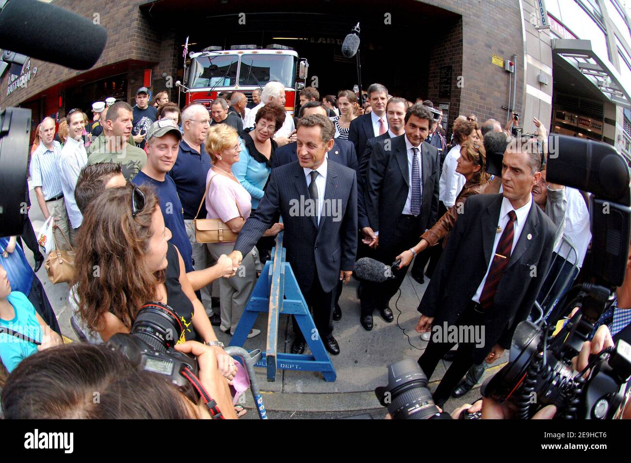 French interior minister Nicolas Sarkozy presents the Medal of Honor of french firefighters to FDNY, in New York City, NY, USA, on September 10, 2006. Photo by Lionel Hahn/ABACAPRESS.COM Stock Photo