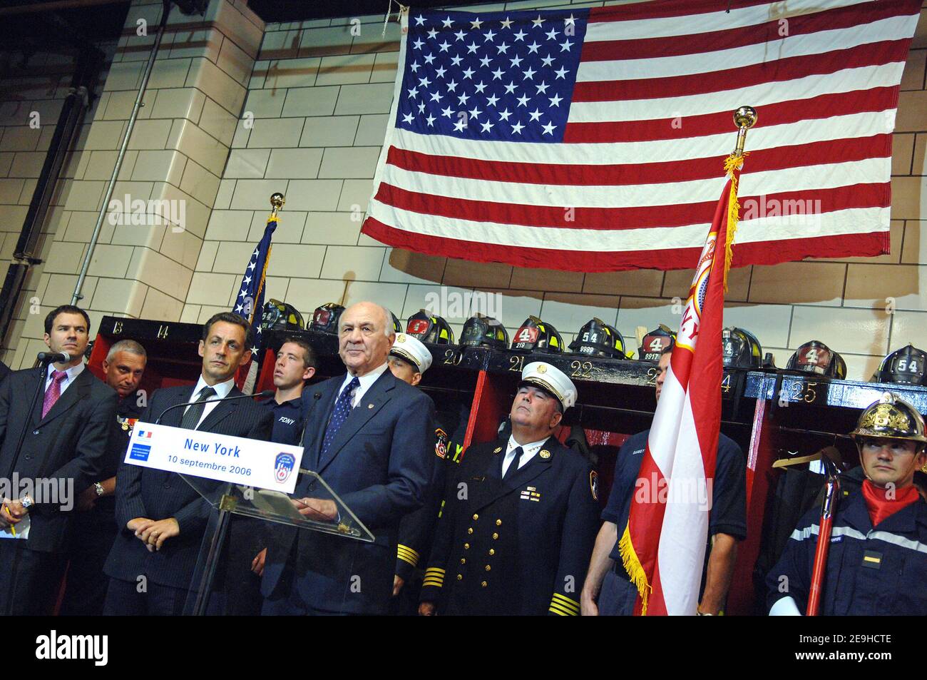 French interior minister Nicolas Sarkozy presents the Medal of Honor of french firefighters to FDNY, in New York City, NY, USA, on September 10, 2006. Photo by Lionel Hahn/ABACAPRESS.COM Stock Photo