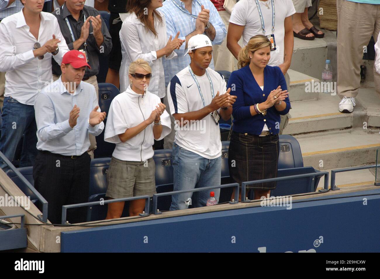 Tiger Woods and his wife Elin Nordegren with Roger Federer 's girlfriend Mirka Vavrinec watch Switzerland's Roger Federer defeating USA's Andy Roddick, 6-2, 4-6, 7-5, 6-1, in the Men's final of the 2006 US Open at the USTA Billie Jean King National Tennis Center in Flushing Meadows, in New York City, NY, USA, on September 10, 2006. Photo by Lionel Hahn/Cameleon/ABACAPRESS.COM Stock Photo