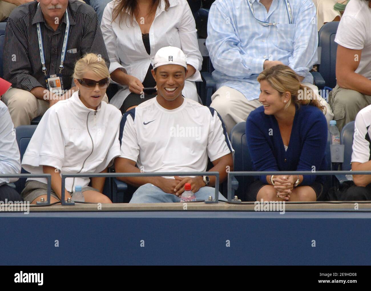Tiger Woods and his wife Elin Nordegren with Roger Federer 's girlfriend Mirka Vavrinec watch Switzerland's Roger Federer defeating USA's Andy Roddick, 6-2, 4-6, 7-5, 6-1, in the Men's final of the 2006 US Open at the USTA Billie Jean King National Tennis Center in Flushing Meadows, in New York City, NY, USA, on September 10, 2006. Photo by Lionel Hahn/Cameleon/ABACAPRESS.COM Stock Photo