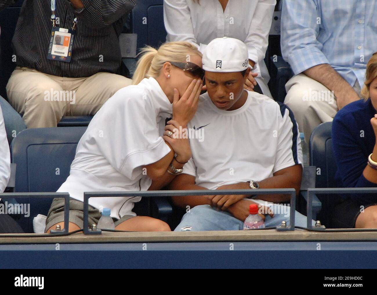 Tiger Woods and his wife Elin Nordegren watch Switzerland's Roger Federer defeating USA's Andy Roddick, 6-2, 4-6, 7-5, 6-1, in the Men's final of the 2006 US Open at the USTA Billie Jean King National Tennis Center in Flushing Meadows, in New York City, NY, USA, on September 10, 2006. Photo by Lionel Hahn/Cameleon/ABACAPRESS.COM Stock Photo
