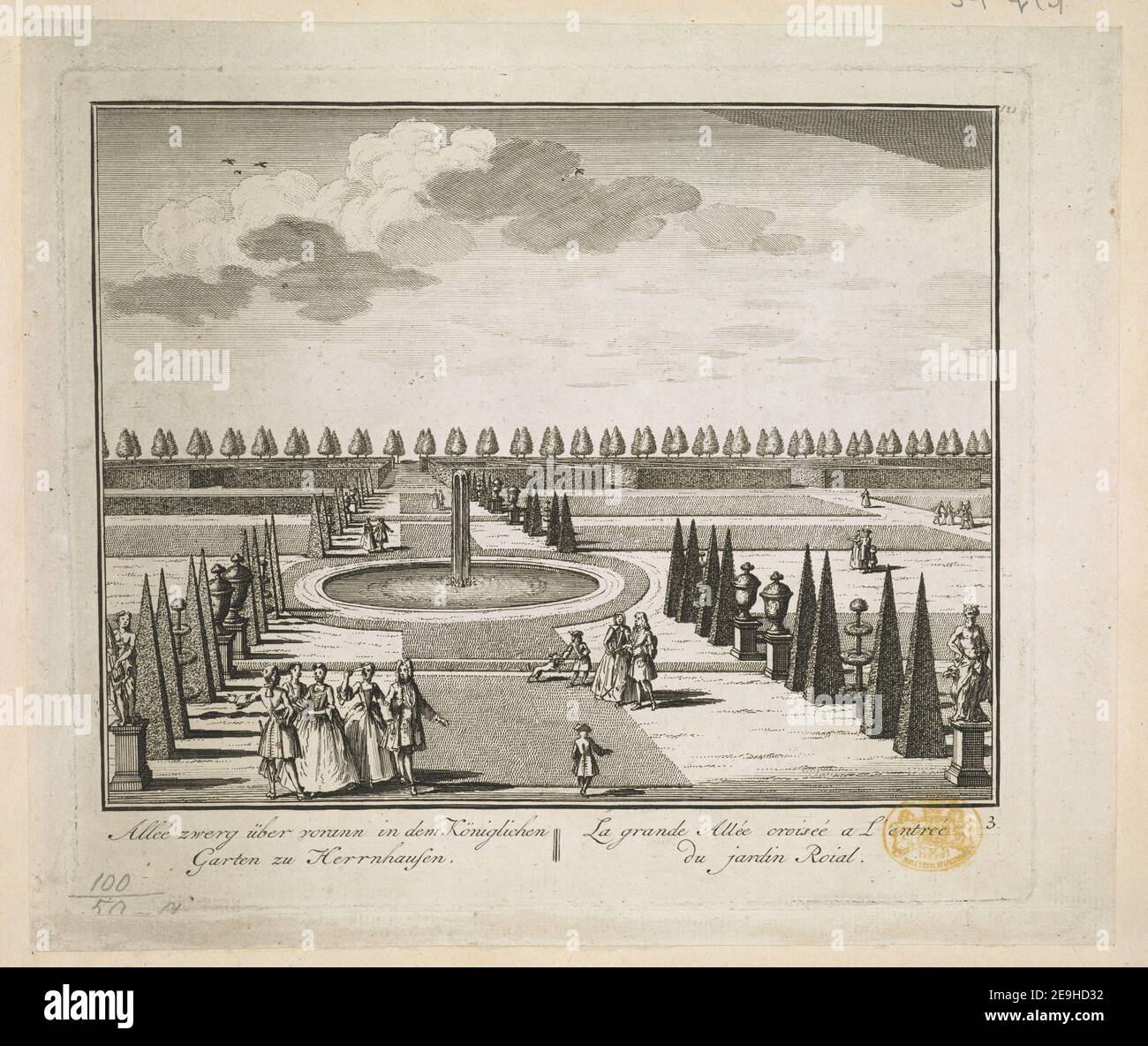 AlleÃÅe zwerg uÃàber vorann in dem KoÃàniglichen Garten zu Herrnhausen = Le grande AlleÃÅe croiseÃÅe a L'entreÃÅe du jardin Roial. Author  Sassen, Joost van 100.59.q.(3) Place of publication: [Amsterdam] Publisher: [Pierre Schenk] Date of publication: [about 1720]  Item type: 1 print Medium: etching Dimensions: platemark 17.8 x 20.5 cm, on sheet 19.7 x 20.3 cm  Former owner: George III, King of Great Britain, 1738-1820 Stock Photo