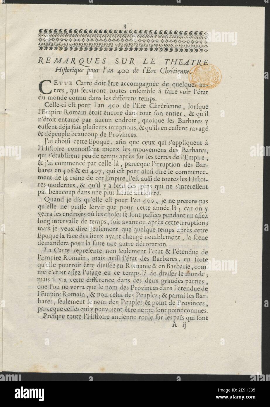 REMARQUES SUR LE THEATRE HISTORIQUE  Author  L'Isle, Guillaume de 2.30.III. Place of publication: [Paris] Publisher: [Guillaume de l'Isle] Date of publication: MDCCV.  Item type: 16 pages Dimensions: 25 x 18 cm (4¬∫)  Former owner: George III, King of Great Britain, 1738-1820 Stock Photo