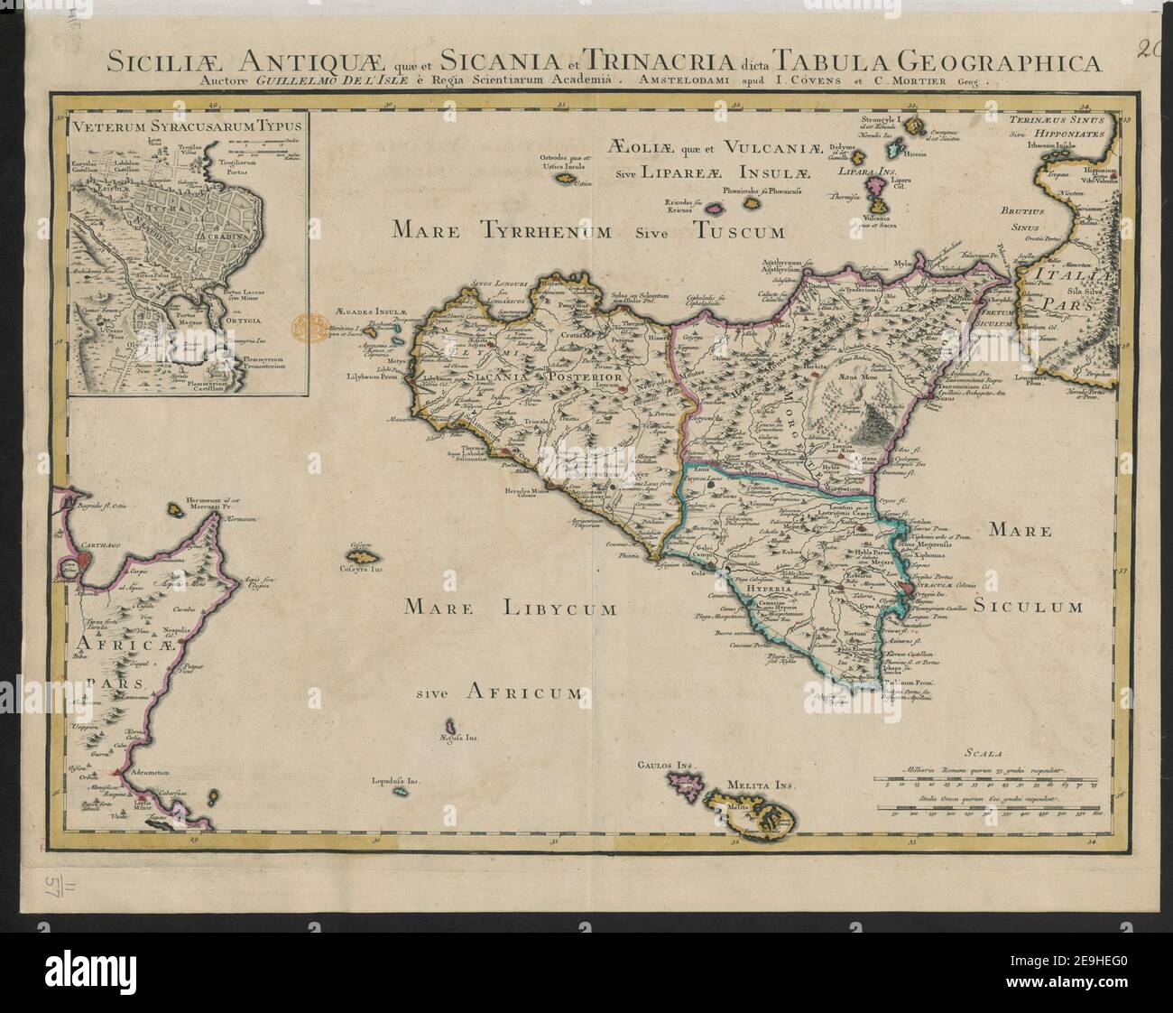 SICILI√Ü ANTIQU√Ü qu√¶ et SICANIA et TRINACRIA dicta tabULA GEOGRAPHICA  Author  L'Isle, Guillaume de 2.57. Place of publication: AMSTELODAMI Publisher: apud I. COÃÅVENS et C. MORTIER Geog., Date of publication: [1742?]  Item type: 1 map Medium: hand-coloured copperplate engraving Dimensions: 41.4 x 59.9 cm  Former owner: George III, King of Great Britain, 1738-1820 Stock Photo