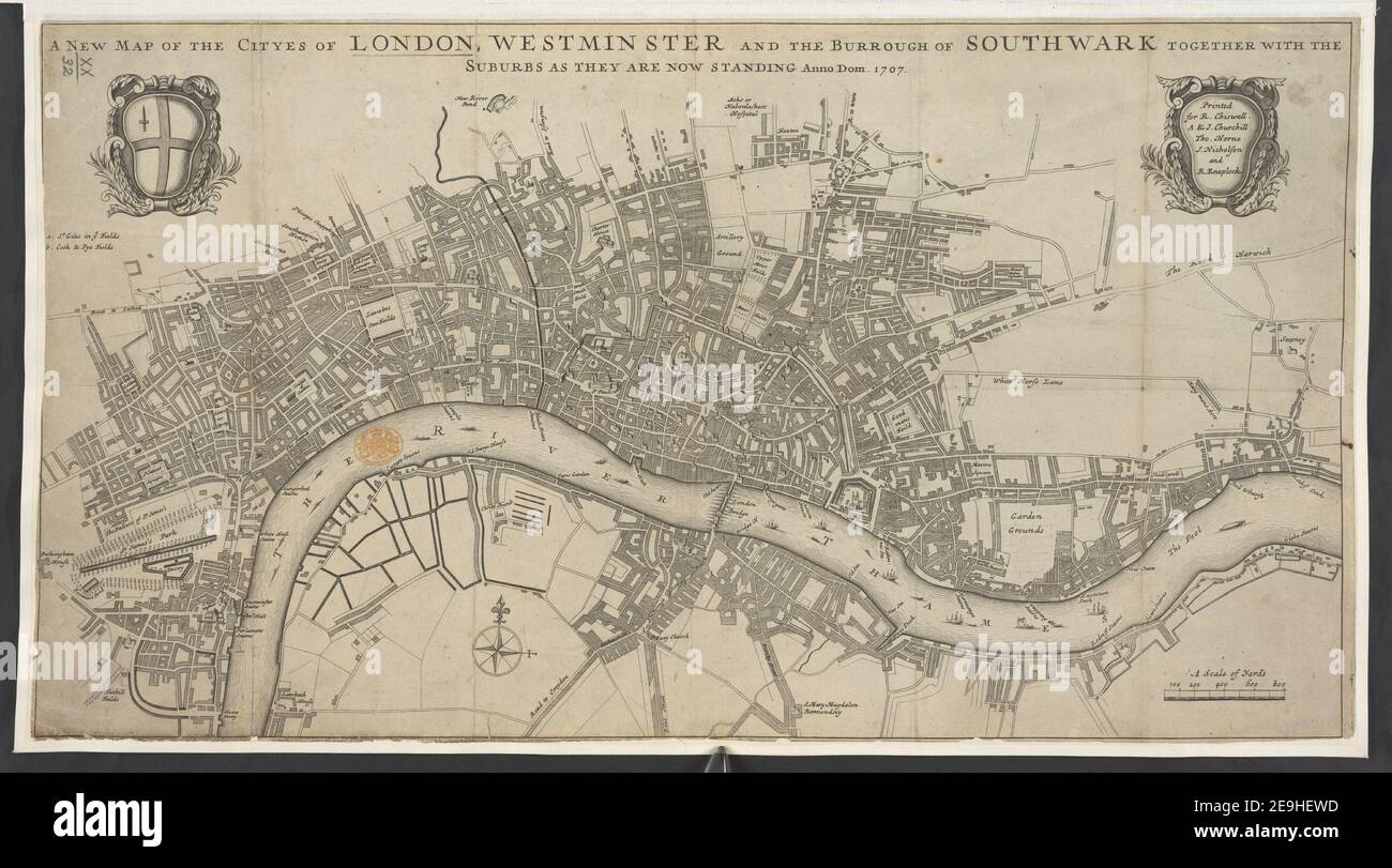 A NEW MAP OF THE CITYES OF LONDON WESTMINSTER AND THE BURROUGH OF SOUTHWARK TOGETHER WITH THE SUBURBS AS THEY ARE NOW STANDING Anno Dom. 1707. Map information:  Title: A NEW MAP OF THE CITYES OF LONDON WESTMINSTER AND THE BURROUGH OF SOUTHWARK TOGETHER WITH THE SUBURBS AS THEY ARE NOW STANDING Anno Dom. 1707. 20.32. Place of publication: [London] Publisher: Printed for R. Chiswell, A. , J. Churchill, Tho. Horne, J. Nicholson and R. Knaplock, Date of publication: [1707]  Item type: 1 map Medium: copperplate engraving Dimensions: 31.5 x 57.5 cm  Former owner Stock Photo