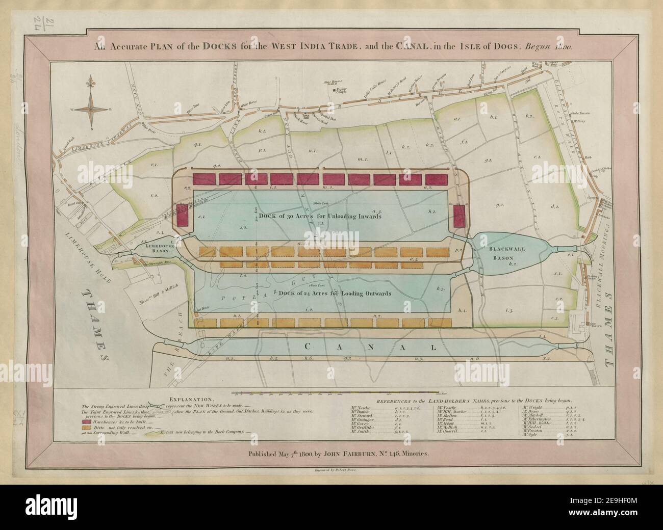 A Correct PLAN of the LONDON DOCKS, shewing the HOUSES & other PREMISES, within the LIMITS granted by Act of Parliament, 1800  .  Author  Fairburn, John 21.24. Place of publication: [London] Publisher: Published May 7.th 1800, by JOHN FAIRBURN, No. 146, Minories., Date of publication: [1800]  Item type: 1 map Medium: copperplate engraving with hand colouring Dimensions: 36.3 x 53.2 cm  Former owner: George III, King of Great Britain, 1738-1820 Stock Photo