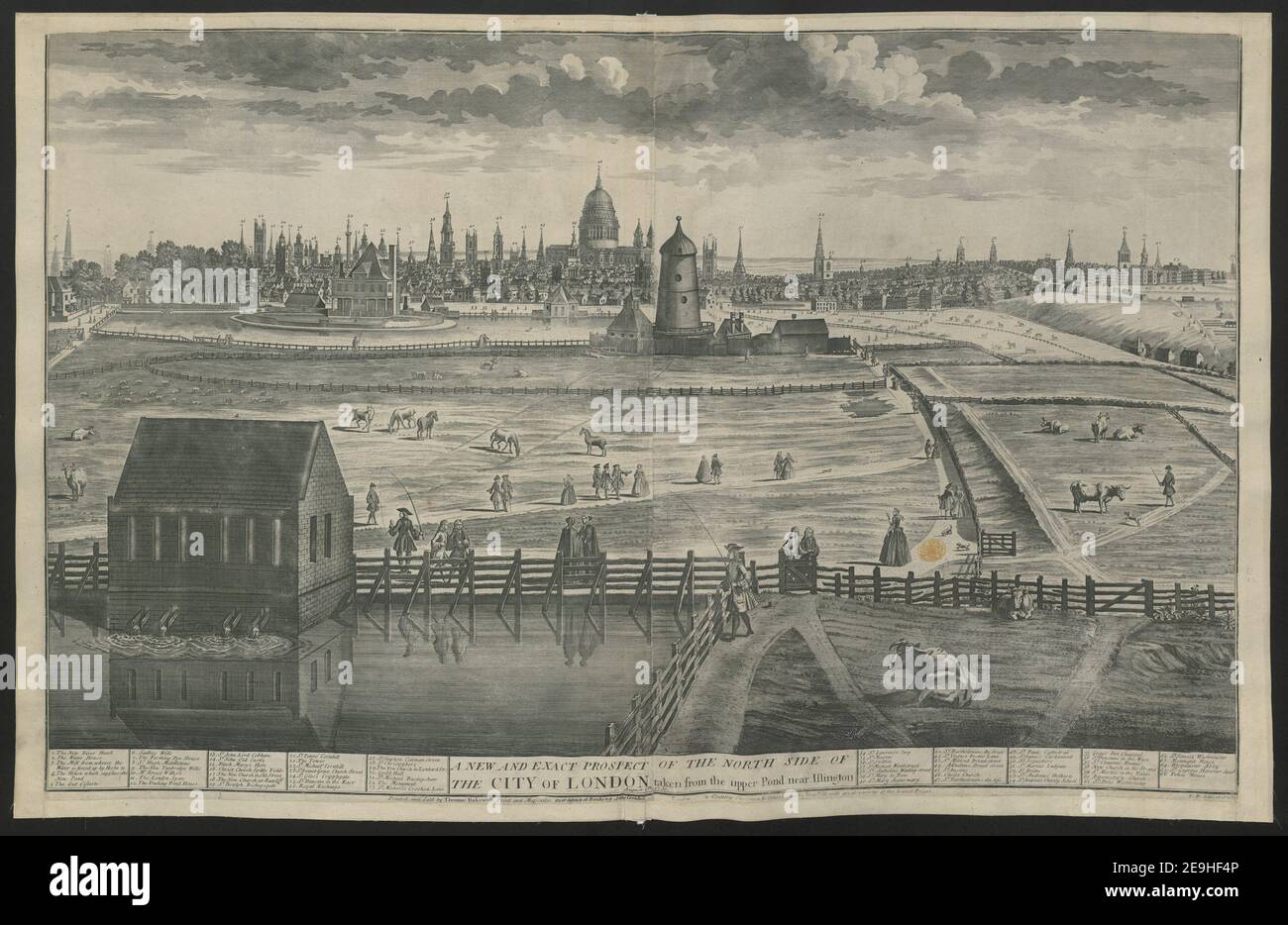 A NEW AND EXACT PROSPECT OF THE NORTH SIDE OF THE CITY OF LONDON taken from the upper Pond near Islington.  Author  Bakewell, T. 21.42. Place of publication: [London] Publisher: Printed and Sold by Thomas Bakewell Print and Mapseller over against Birching Lane Cornhill. London [...] Country Ch[...]men , others may be furnished with great variety at the lowest Prices., Date of publication: [1730]  Item type: 1 print on 2 sheets Medium: etching and engraving with mezzotint rocker Dimensions: platemark 58.5 x 90.1 cm  Former owner: George III, King of Great B Stock Photo