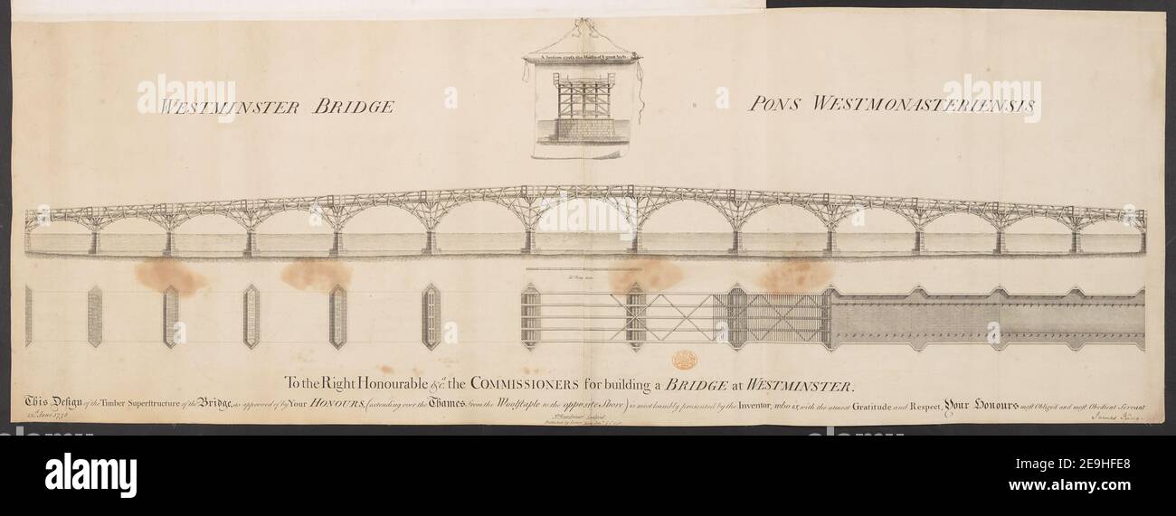 WESTMINSTER BRIDGE = PONS WESTMONASTERIENSIS  Author  Fourdrinier, Paul 22.37.b. Place of publication: [London] Publisher: Published by James King, Date of publication: Jan.y 1 1738.  Item type: 1 print Medium: engraving, with some etching Dimensions: sheet 36.3 x 102.5 cm (trimmed)  Former owner: George III, King of Great Britain, 1738-1820 Stock Photo