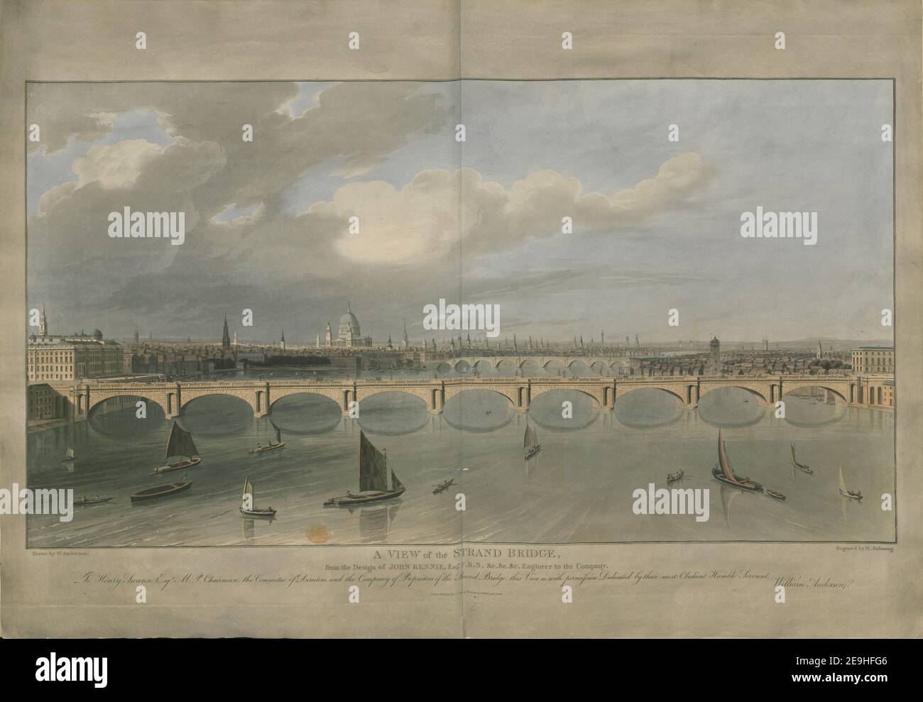 A VIEW of the STRAND BRIDGE from the Design of JOHN RENNIE Esqr F.RS. &c. &c. &c. &c. Engineer to the Company.  Author  Dubourg, Matthew 22.40.a. Place of publication: London Publisher: Published Decr 5th 1811 by W. Anderson Paddington Green., Date of publication: [December 5 1811]  Item type: 1 print Medium: aquatint and etching with hand-colouring Dimensions: sheet 59.3 x 86.1 cm  Former owner: George III, King of Great Britain, 1738-1820 Stock Photo
