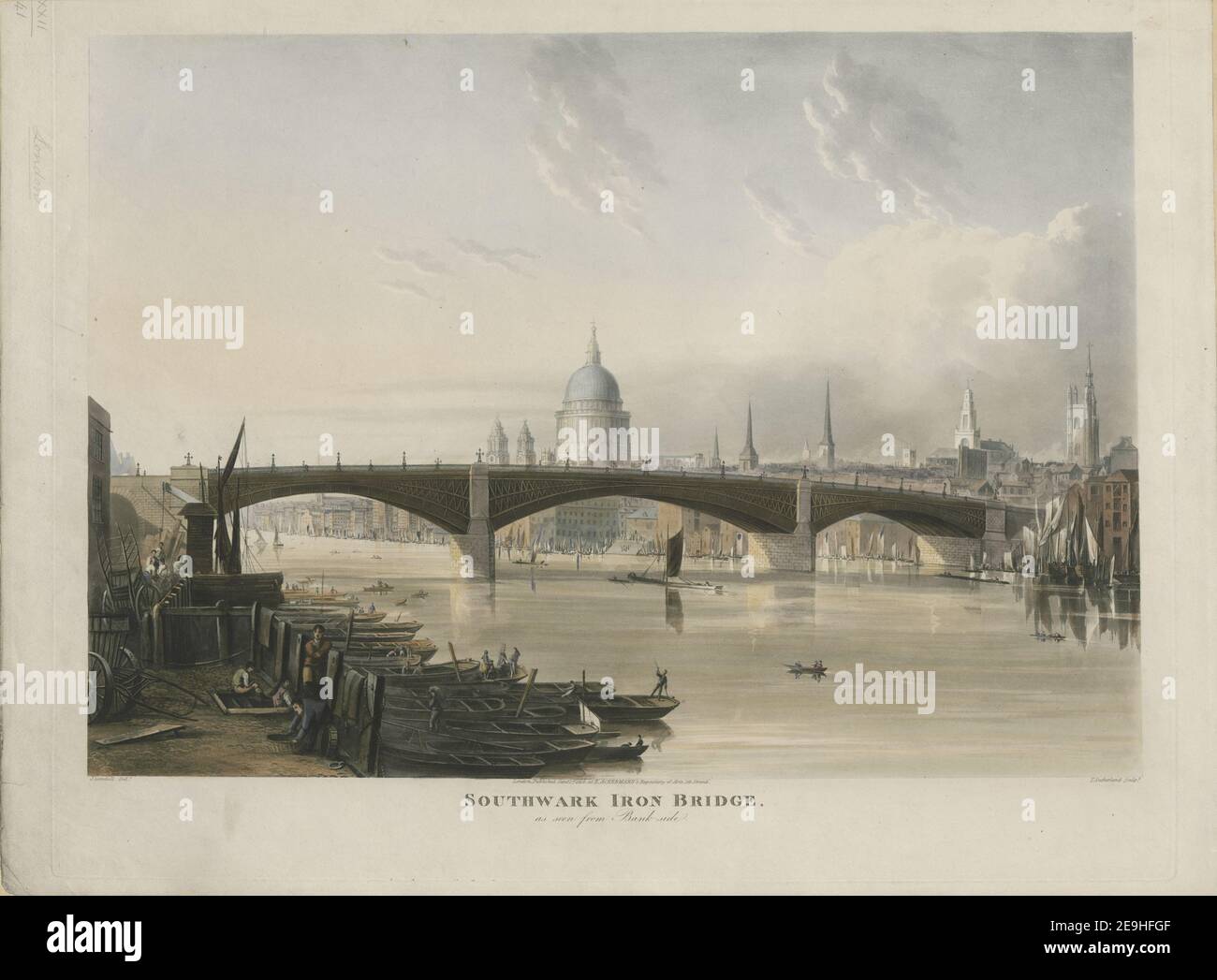 SOUTHWARK IRON BRIDGE as seen from Bankside.  Author  Sutherland, Thomas 22.41. Place of publication: London Publisher: Published Jany 1st 1819, at R. ACKERMANN'S Repository of Arts, 101 Strand., Date of publication: [January 1 1819]  Item type: 1 print Medium: aquatint and etching with hand-colouring Dimensions: platemark 41.9 x 52.8 cm (cut to within platemark along upper edge), on sheet 42.8 x 57.2 cm  Former owner: George III, King of Great Britain, 1738-1820 Stock Photo