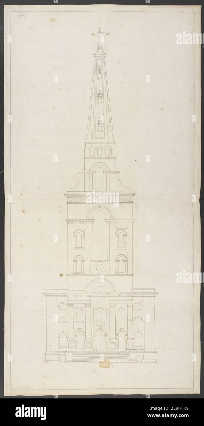 Elevation, in outline, of the west front and tower of Christ Church Spitalfields . Author  Hawksmoor, Nicholas 23.11.o. Date of publication: [between 1714-1720]  Item type: 1 drawing Medium: pen and black ink Dimensions: sheet 69.8 x 34.6 cm  Former owner: George III, King of Great Britain, 1738-1820 Stock Photo