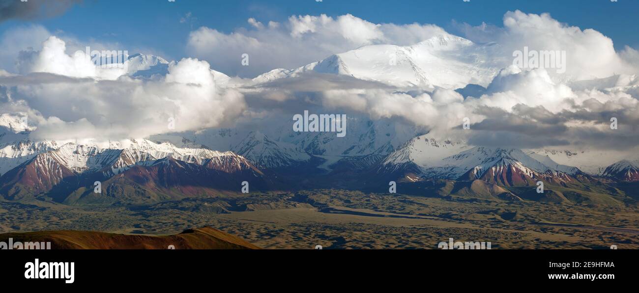 Panoramic view of Lenin Peak from Alay range - Kyrgyz Pamir Mountains ...
