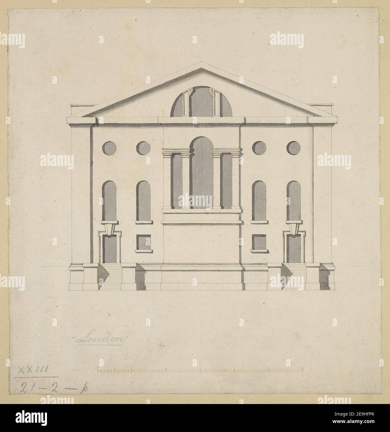 Design for an elevation of a church probably by Nicholas Hawksmoor . Visual Material information:  Title: [Design for an elevation of a church probably by Nicholas Hawksmoor]. 23.21.2.p Date of publication: [between 1714-1726]  Item type: 1 drawing Medium: pen and brown ink with monochrome wash Dimensions: 28.7 x 27.4 cm  Former owner: George III, King of Great Britain, 1738-1820 Stock Photo