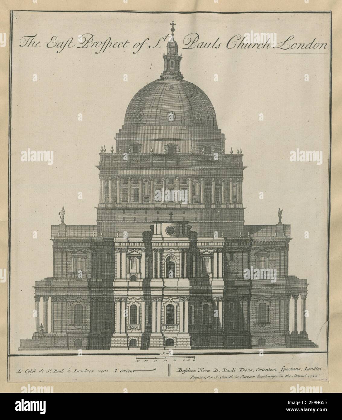 The East Prospect of Saint Paul's Church London = L'Eglise de St. Paul aÃÄ Londres vers l'Orient = Basilic√¶ Nov√¶ D. Pauli Frons, Orientem Spectans Londini. Visual Material information:  Title: The East Prospect of Saint Paul's Church London = L'Eglise de St. Paul aÃÄ Londres vers l'Orient = Basilic√¶ Nov√¶ D. Pauli Frons, Orientem Spectans; Londini. 23.35.k. Place of publication: [London] Publisher: Printed for J Smith in Exeter Exchange in the Strand, Date of publication: 1720.  Item type: 1 print Medium: etching and engraving Dimensions: sheet 25.2 x 22.1 cm Stock Photo
