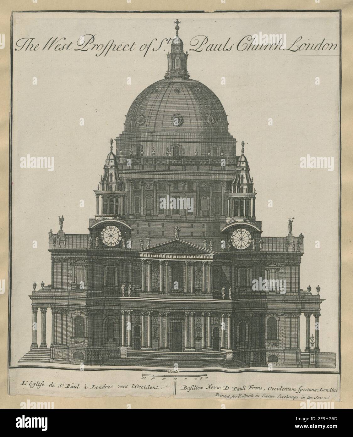 The West Prospect of St. Paul's Church London = L'Eglise de St. Paul aÃÄ Londres vers l'Occident = Basilic√¶ Nov√¶ D. Pauli Frons, Occidentem Spectans Londini. Visual Material information:  Title: The West Prospect of St. Paul's Church London = L'Eglise de St. Paul aÃÄ Londres vers l'Occident = Basilic√¶ Nov√¶ D. Pauli Frons, Occidentem Spectans; Londini. 23.35.l. Place of publication: [London] Publisher: Printed for J. Smith in Exeter Exchange in the Strand, Date of publication: [1720]  Item type: 1 print Medium: etching and engraving Dimensions: sheet 25.2 x 2 Stock Photo