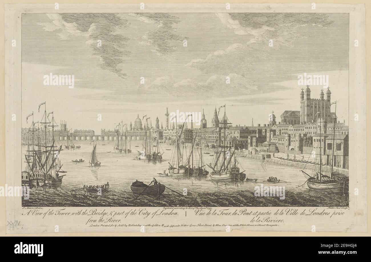 A North West View of the Tower of London = VuÃàe du coteÃÅ du Nord ouest de la Tour de Londres.  Author  Maurer, John 24.23.h. Place of publication: London Publisher: Printed for , Sold by T. Bowles in St. Pauls Church Yard, John Bowles , Son in Cornhill, Rob.t Sayer in Fleet Street , Hen. Overton without Newgate. Publish'd according to Act of Parliament, Date of publication: 1753.  Item type: 1 print Medium: etching and engraving Dimensions: platemark 26.3 x 40.5 cm, on sheet 27.5 x 41.7 cm  Former owner: George III, King of Great Britain, 1738-1820 Stock Photo