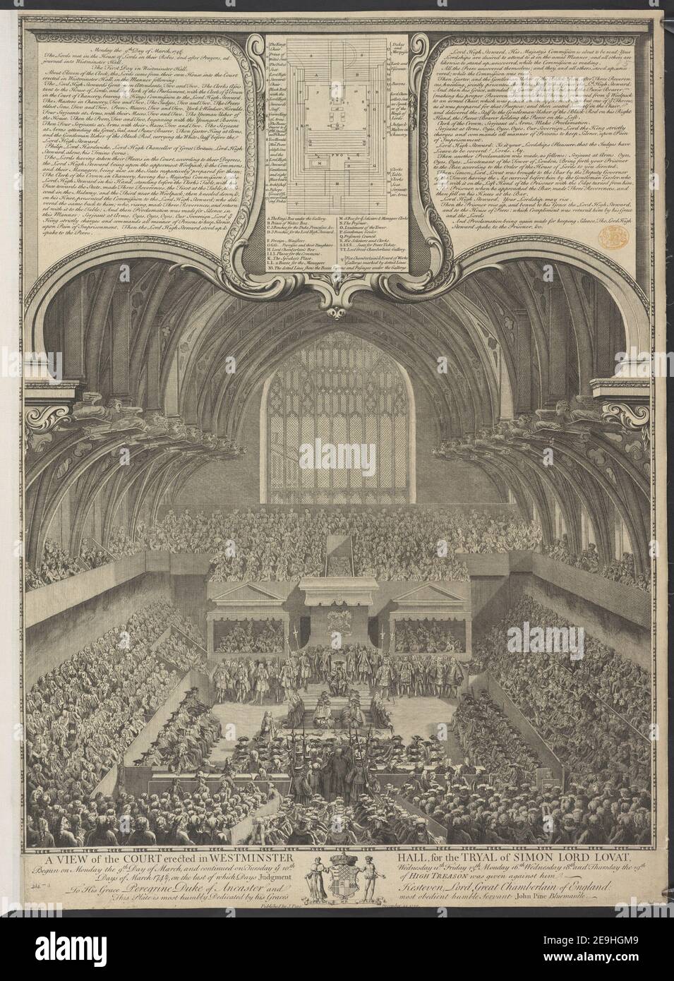 A VIEW of the COURT erected in WESTMINSTER HALL for the TRYAL of SIMON LORD LOVAT  Author  Basire, James 24.24.d. Place of publication: [London] Publisher: Published by J. Pine, Date of publication: December 25 1750.  Item type: 1 print Medium: etching and engraving Dimensions: sheet 63 x 46 cm (trimmed)  Former owner: George III, King of Great Britain, 1738-1820 Stock Photo