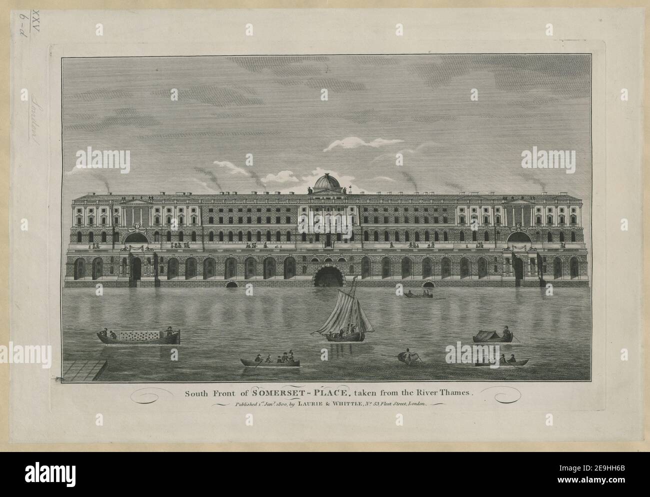 South Front of SOMERSET   PLACE, taken from the River Thames. Visual Material information:  Title: South Front of SOMERSET - PLACE, taken from the River Thames. 25.6.d. Place of publication: [London] Publisher: Published 1.st Jan.y 1800, by LAURIE , WHITTLE, No. 53 Fleet Street, London., Date of publication: [1800]  Item type: 1 print Medium: etching Dimensions: platemark 29.3 x 43.3 cm  Former owner: George III, King of Great Britain, 1738-1820 Stock Photo