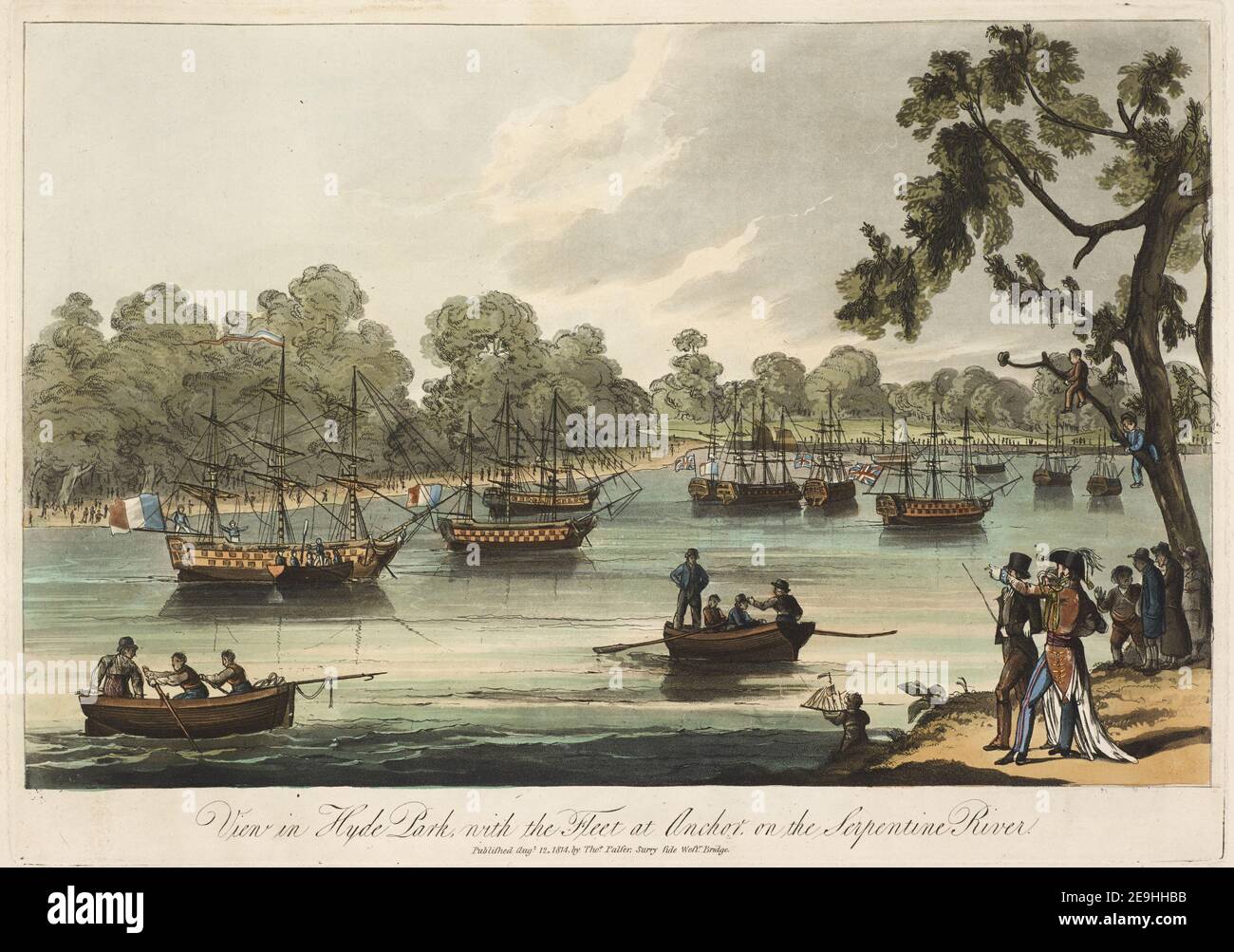 View in Hyde Park, with the Fleet at Anchor, on the Serpentine River. Author  Palser 26.6.m. Place of publication: [London] Publisher: Published Augt 12, 1814, by Thos Palser, Surry Side West Bridge, Date of publication: [August 12 1814]  Item type: 1 print Medium: etching and aquatint with hand-colouring Dimensions: plate 24.7 x 35 cm, on sheet 27.9 x 41.5 cm  Former owner: George III, King of Great Britain, 1738-1820 Stock Photo