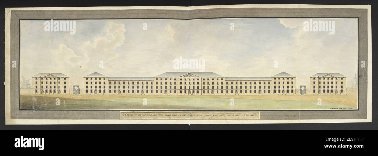 DESIGN FOR BARRACKS TO CONTAIN FIVE HUNDRED MEN AND OFFICERS  Author  Elsam, Richard 26.7.uu. Date of publication: [1795]  Item type: 1 drawing Medium: pen and ink with watercolour within washline mount Dimensions: sheet 22.6 x 73.4 cm  Former owner: George III, King of Great Britain, 1738-1820 Stock Photo