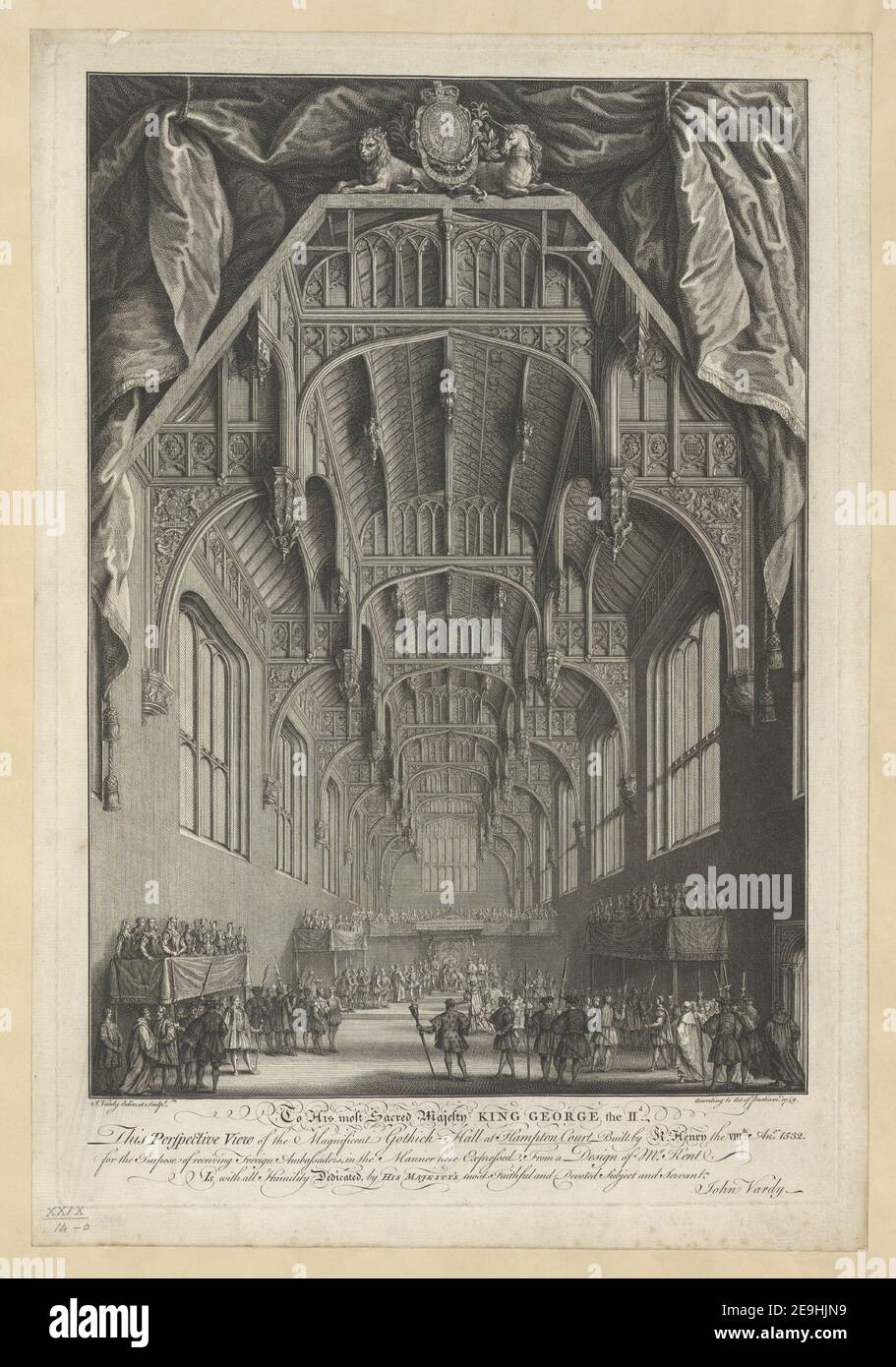 To His most Sacred Majesty KING GEORGE the IId. This Perspective View of the Magnificent Gothick Hall at Hampton Court Built by K. Henry the VIII.th AN.o 1532. for the Purpose of receiving Foreign Ambassadors, in t Author  Vardy, John 29.14.o. Place of publication: [London] Publisher: [J. Vardy] According to Act of Parliam.t, Date of publication: 1749.  Item type: 1 print Medium: etching and engraving Dimensions: platemark 51.5 x 34.5 cm  Former owner: George III, King of Great Britain, 1738-1820 Stock Photo