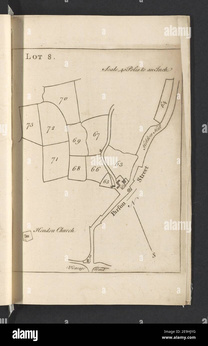 A CATALOGUE OF All the DEMESNE LANDS (With the several Erections thereon) OF THE Most Noble William, Duke of Powis, DECEASED, Situated in the PARISH, and within the MANOR of HendON, In the County of Middlesex  Author  Messeder, Isaac 29.20.d. Place of publication: [London] Publisher: Printed Catalogues, with Plans of each Lot, may be had of Mr. Messeder, at North-end, and at Mr. Langford's in the Great Piazza aforesaid., Date of publication: [1756.]  Item type: 18 maps Medium: copperplate engraving Dimensions: 23.7 x 14.8 cm  Former owner: George III, King Stock Photo