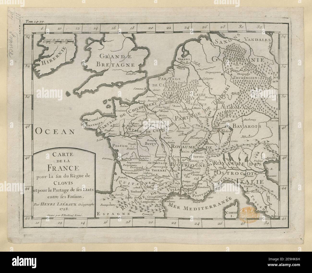 Carte de la France  Author  Liebaux, Henri 3.87. Place of publication: [Paris] Publisher: [Gabriel Daniel]., Date of publication: [1728]  Item type: 1 map Medium: copperplate engraving Dimensions: 19.3 x 25.7 cm  Former owner: George III, King of Great Britain, 1738-1820 Stock Photo