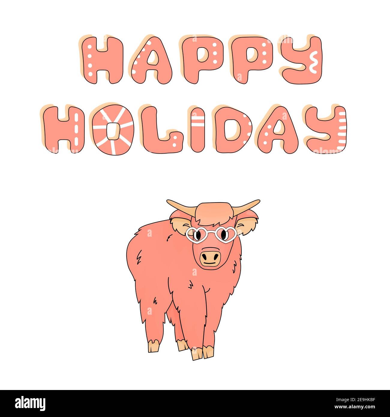 Happy Holiday doodle text. Pink happy cute highland cow stands and looks. White heart glasses for Valentines Day Party are on his face. Isolated anima Stock Vector