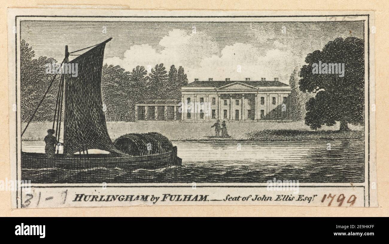 HURLINGHAM by FULHAM    Visual Material information:  Title: HURLINGHAM by FULHAM - ; 30.31.1. Place of publication: [London] Publisher: [W. Peacock]., Date of publication: [1799]  Item type: 1 print Medium: etching Dimensions: sheet 3.3 x 6.4 cm [trimmed within platemark].  Former owner: George III, King of Great Britain, 1738-1820 Stock Photo
