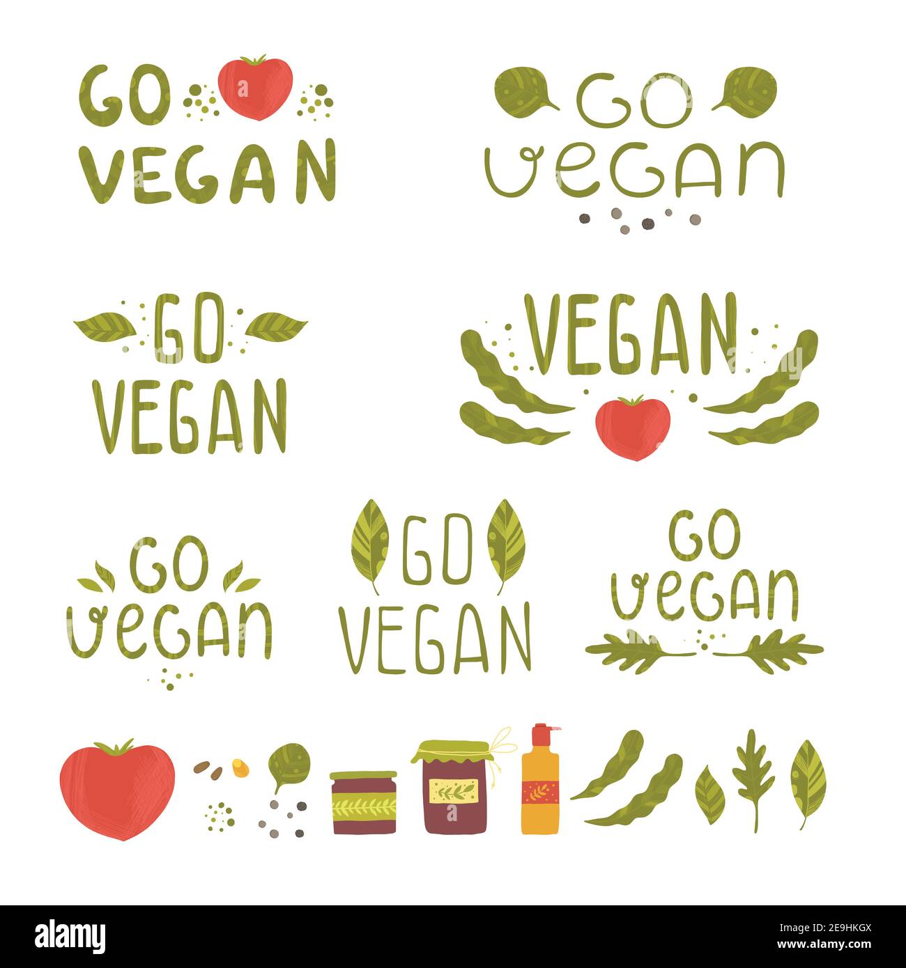 Vegan product labels. Suitable for ads, signboards, packaging and identity and web designs. Vegan. Go vegan. Green living. Fresh products Stock Vector