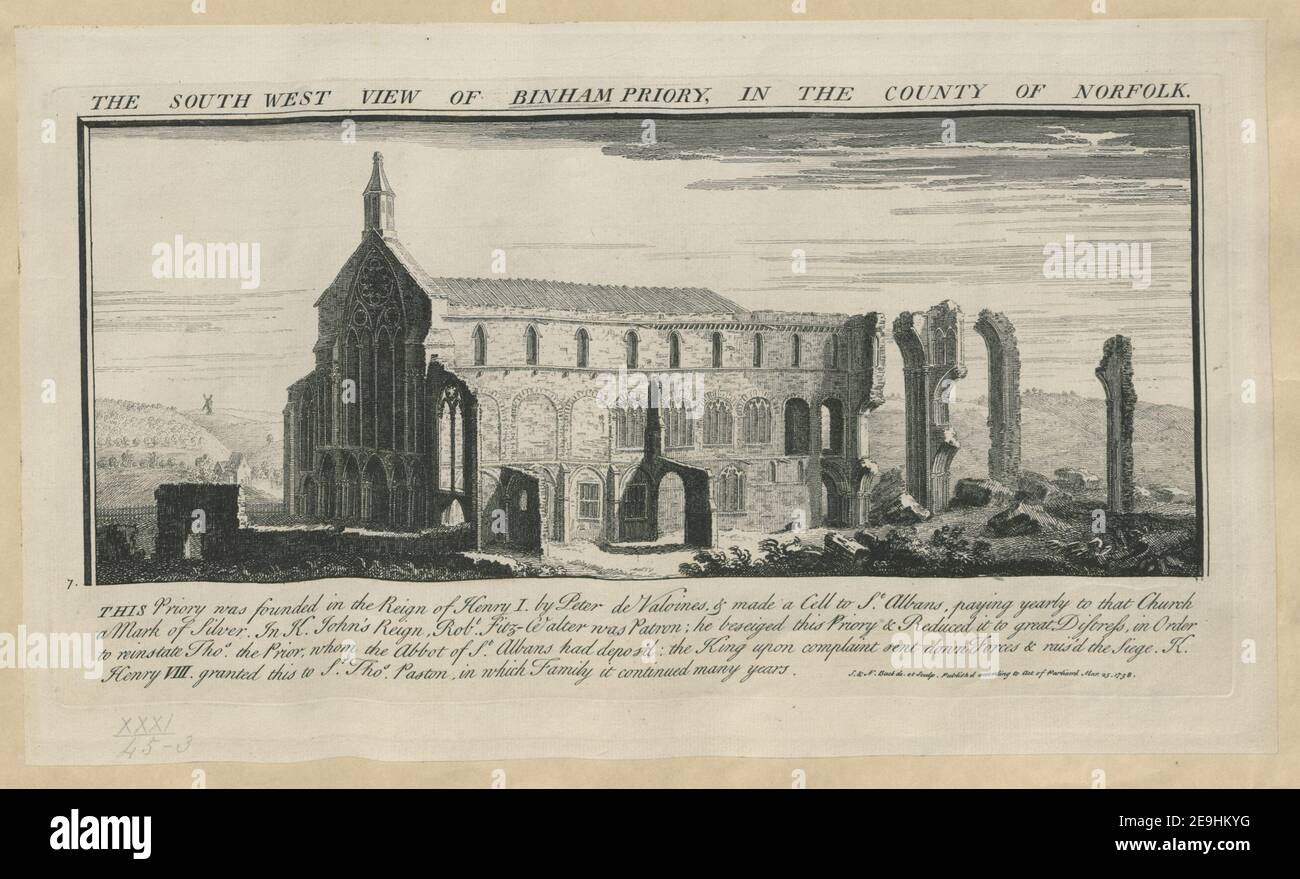 THE SOUTH WEST VIEW OF BINHAM PRIORY, IN THE COUNTY OF NORFOLK  Author  Buck, Samuel 31.45.3. Place of publication: [London] Publisher: Publishd according to Act of Parliam.t Mar. 25, Date of publication: 1738.  Item type: 1 print Medium: etching Dimensions: platemark 19.4 x 37.3 cm.  Former owner: George III, King of Great Britain, 1738-1820 Stock Photo