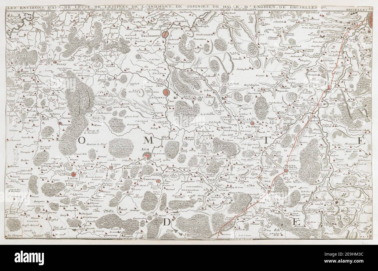 LES ENVIRONS D'ATH, DE LEUSE, DE LESSINES DE GRANDMONT, DE OIGNIES, DE HALLE, D'ENGHIEN, DE BRUSELLES &c.  Author  Fer, Nicolas de 102.40.c.12. Place of publication: [Paris] Publisher: [G. Danet or J. F. BeÃÅnard] Date of publication: [1743.]  Item type: 1 map Medium: hand coloured Dimensions: 31 x 50 cm  Former owner: George III, King of Great Britain, 1738-1820 Stock Photo