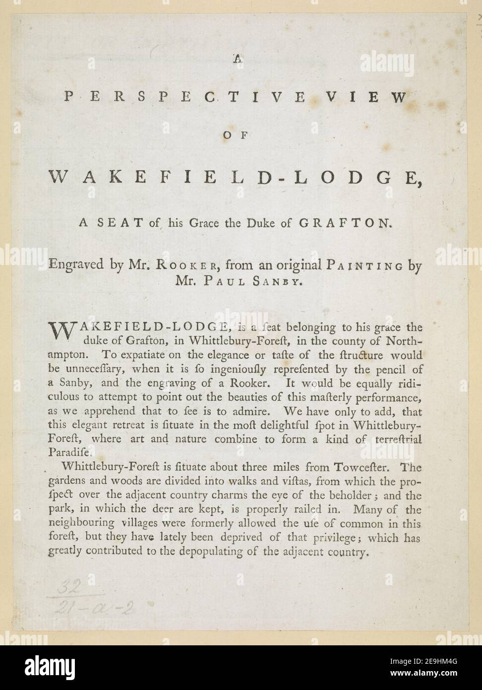 A Perspective View Of Wakefield Lodge  Visual Material information:  Title: A Perspective View Of Wakefield-Lodge ; 32.21.a-2. Place of publication: [London] Publisher: [publisher not identified] Date of publication: [1774]  Item type: 1 print Medium: letterpress Dimensions: sheet 22.6 x 16.7 cm  Former owner: George III, King of Great Britain, 1738-1820 Stock Photo