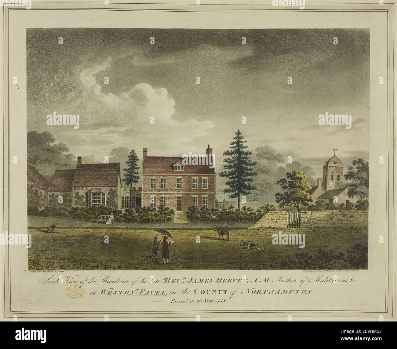 South View of the Residence of the late REVD JAMES HERVEY, A.M. Author of Meditations &c. at WESTON FAVEL, in the COUNTY of NORTHAMPTON. Erected in the Year 1758.  Author  Fowler, William 32.35. Place of publication: [Winterton, Lincolnshire] Publisher: Pubd March 17 1807 by Wm Fowler Winterton Lincolnshire, Date of publication: [March 17 1807]  Item type: 1 print Medium: aquatint and etching with hand-colouring Dimensions: sheet 36.5 x 45.8 cm  Former owner: George III, King of Great Britain, 1738-1820 Stock Photo