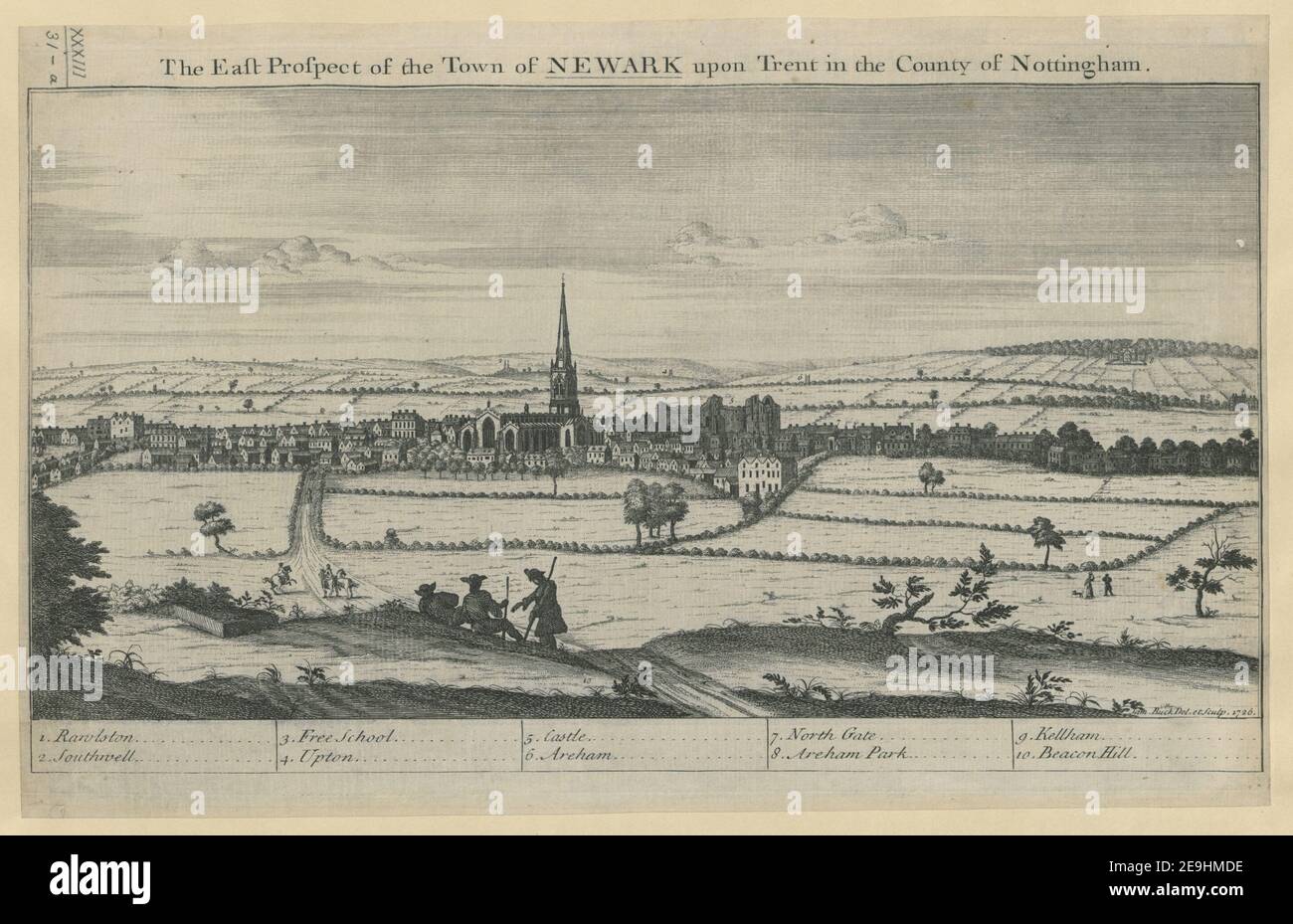 The East Prospect of the Town of NEWARK upon Trent in the County of Nottingham.  Author  Buck, Samuel 33.31.a. Place of publication: [London] Publisher: [S. Buck] Date of publication: [1726.]  Item type: 1 print Medium: etching Dimensions: sheet 25.5 x 40.3 cm [trimmed within platemark].  Former owner: George III, King of Great Britain, 1738-1820 Stock Photo